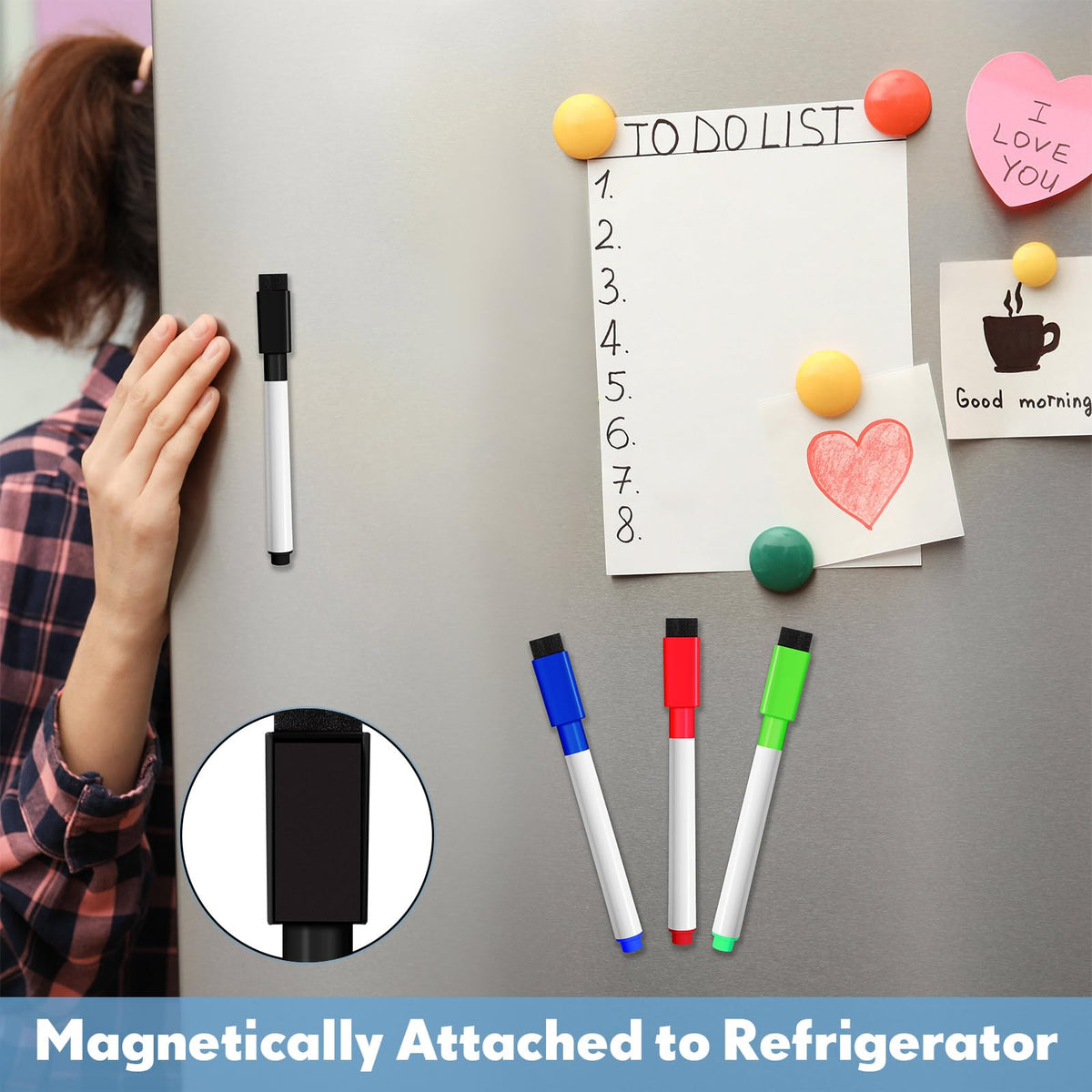 Kosiz 200 Pcs Magnetic Dry Erase Markers Fine Point Tip Whiteboard Markers with Eraser Cap Magnetic Dry Erase Pens Erasable Pens for Whiteboard Dry Boards(Black, Red, Blue, Green)