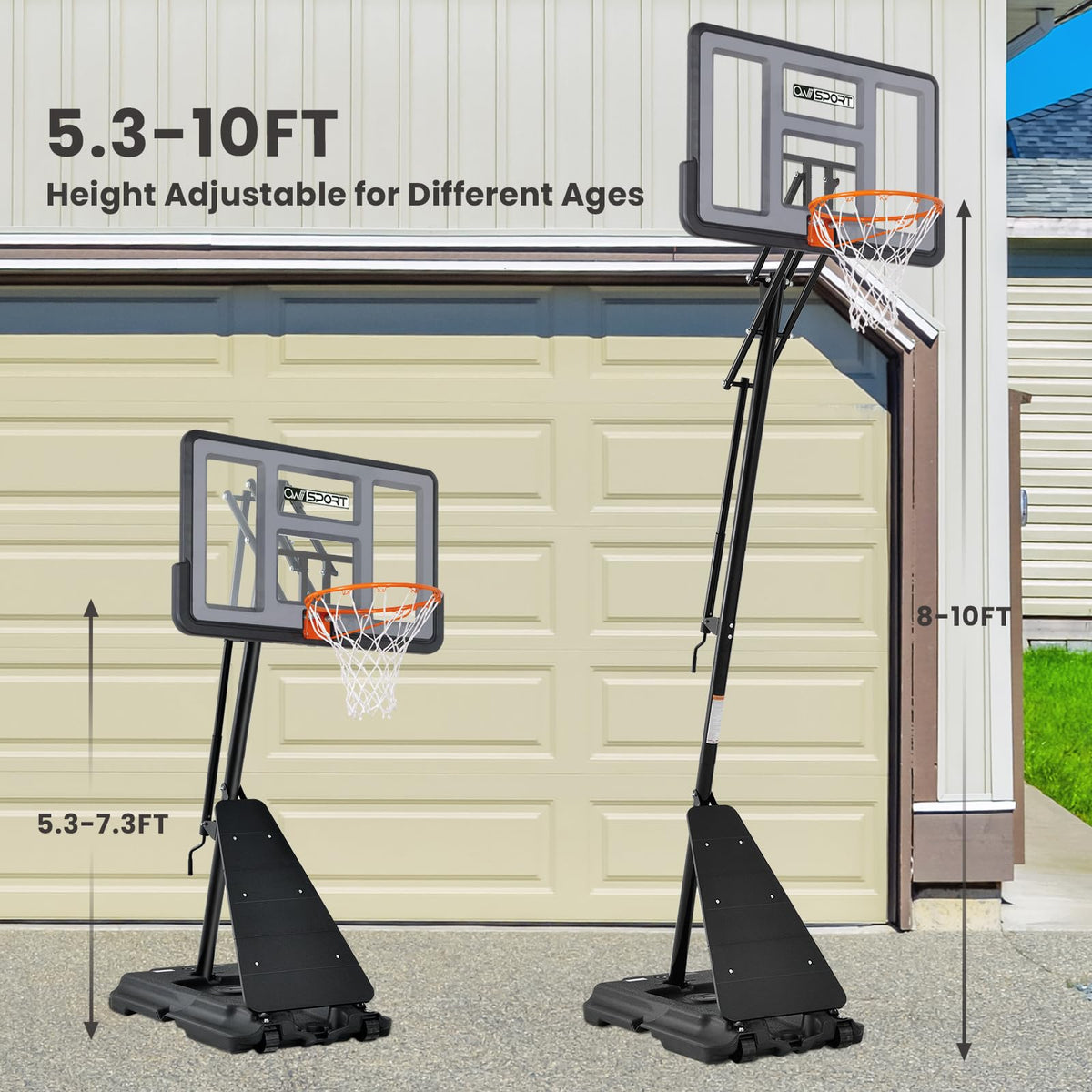 AWII SPORT Basketball Hoop Outdoor 48Inch Impact Backboard, 5.3-10FT Height Adjustable Basketball Hoop Goal System with Portable Wheels for Adults (Black, 48inch Backboard)