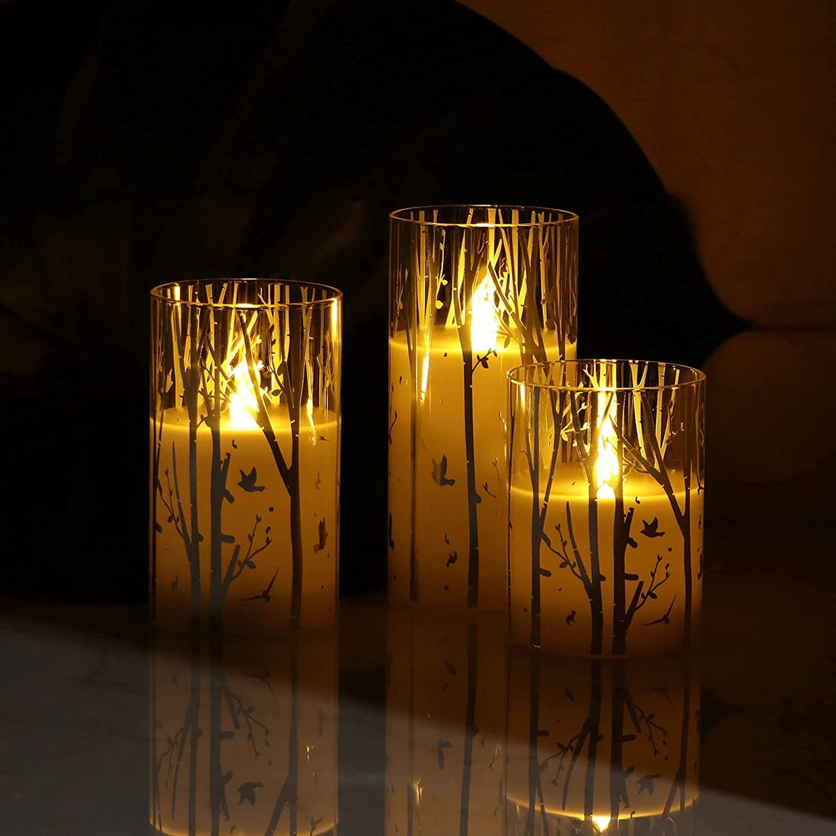 Rhytsing Birch Design Glass Battery Operated LED Candles with Timer, Flameless Pillar Candles Spring & Summer Decor- Include 6 Batteries