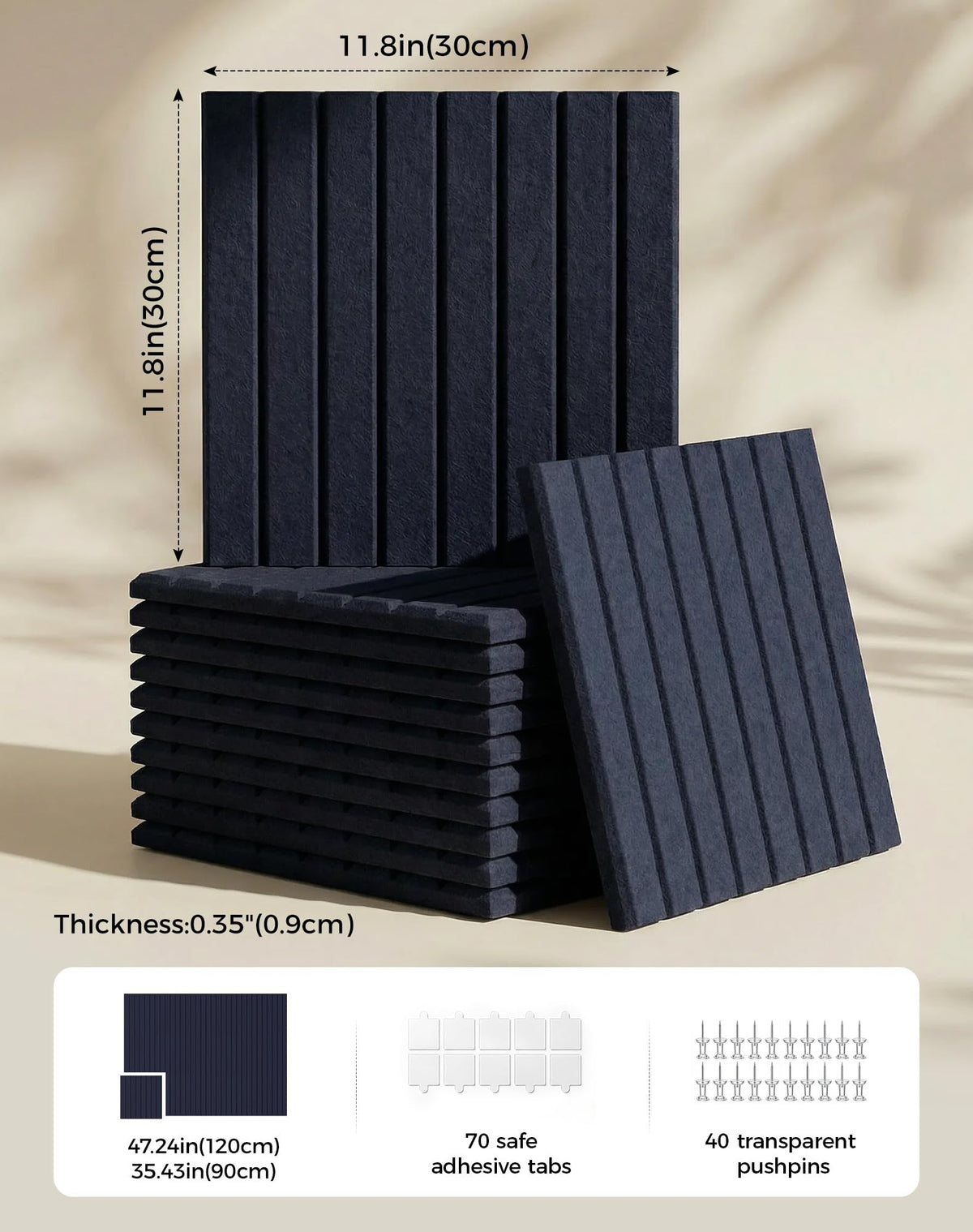 Aothia 12-Pack Felt Bulletin Board Tiles 48"x36", Modular Pin Board for Smooth Walls, Cork Board Alternative for Notes & Photos, 0.35" Thick, 70 Adhesive Tabs & 40 Pins, Navy Blue