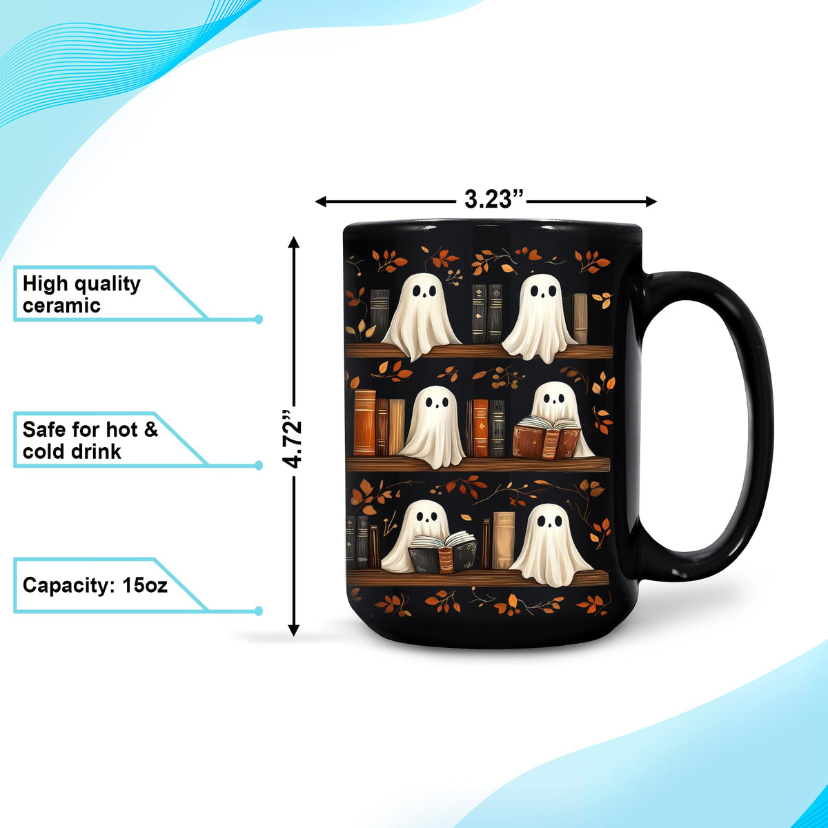 Hyturtle Cute Ghost Read Book Mug - Black Coffee Cup Ceramic Mug 15 Oz And Keychain - Book Gifts For Women Lover - Bookish Gift For Bookworm Librarian - Inspirational Librarian Present For Halloween