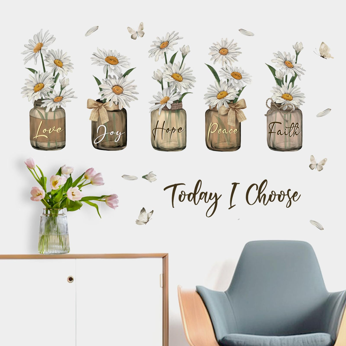 Yovkky Inspirational Quote Daisy Flower Wall Decals Stickers, Positive Today I Choose Love Joy Hope Peace Faith Home Bedroom Decor, Floral Mason Jar Butterfly Living Room Kitchen Decorations Art