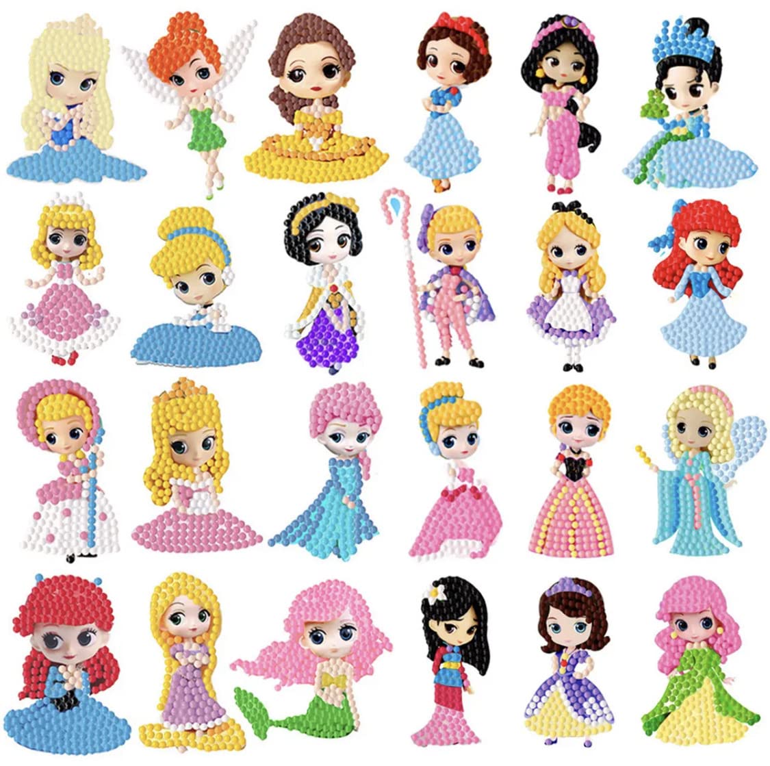 FLYSONG Diamond Art Kits for Kids, 5D DIY 24 PCS Mosaic Cartoon Princess Diamond Art Stickers Painting Gem Art Kits Crafts for Beginners Girls Boys