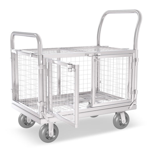 Platform Truck Cart with Cage 2-Door Design 7 in 1 Mutipurpose Handcart with 5" Wheel 39"x25" Large Uitility Cart, Mesh Plate w/Removalble Fence 6-Side, Load 2000lbs for Grocery/Laundry/Stall/Storage
