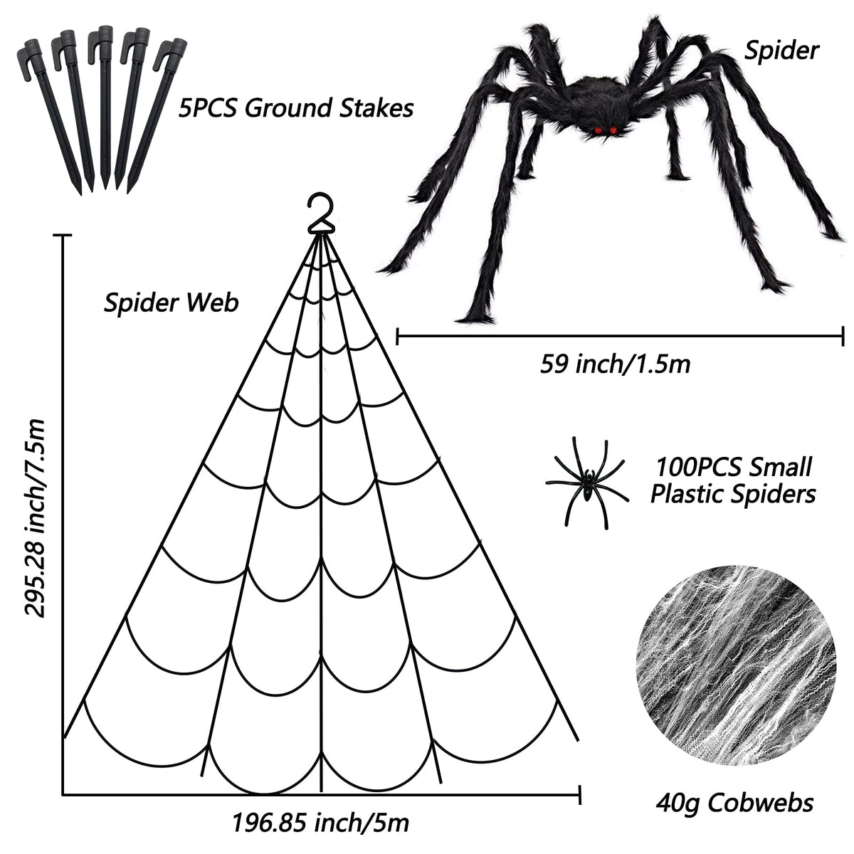 Halloween Decorations - 295" Halloween Spider Web Decorations Outdoor + 59" Giant Fake Spider with Triangular Huge Spiders Web - Scary Decor Clearance for Yard, Patio, Garden, Haunted House Décor