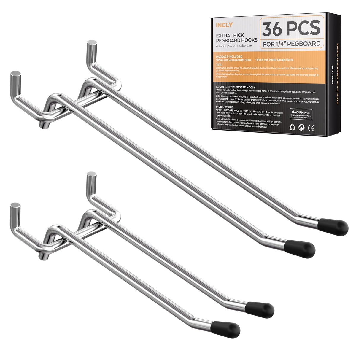 INCLY 4/6 Inch Pegboard Hooks, 36 Pack Heavy Duty Double Arm Peg Board Straight Hooks, Peg Board Tool Hangers Fit for 1/4" Pegboard Garage Hanging Tools, Craft Organizing, Kitchen, Store
