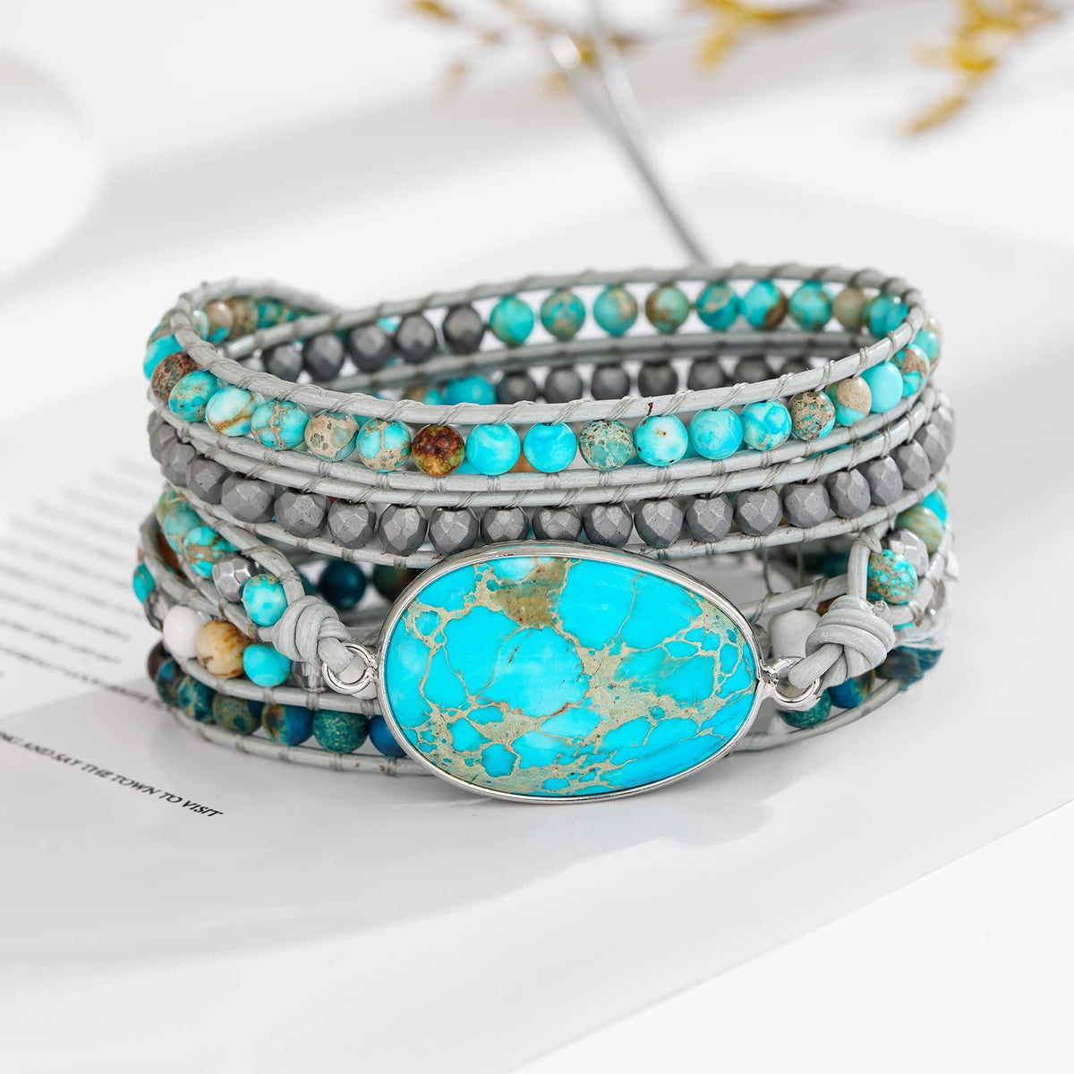 Plumiss Boho Wrap Bracelets Natural Turquoise Stone Crystal Bead Wrap Bracelet for Women Men