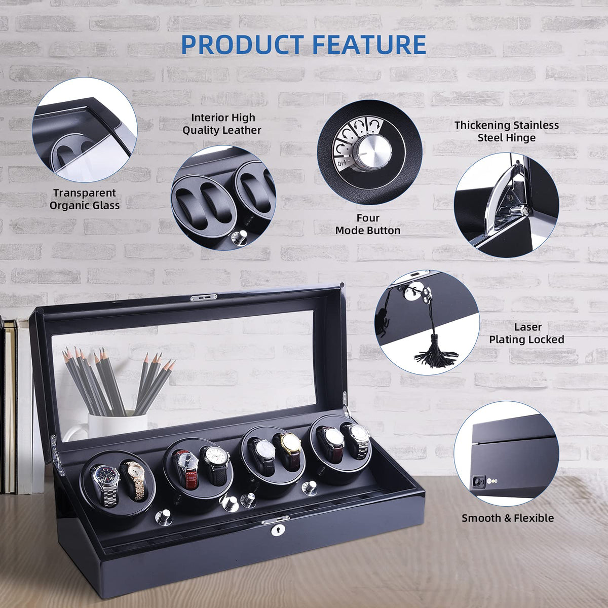 Luxury 4 Motor Quad Watch Winders for Automatic Watches, Safe & Wooden Display Box Case 8+9 Storage (Black)