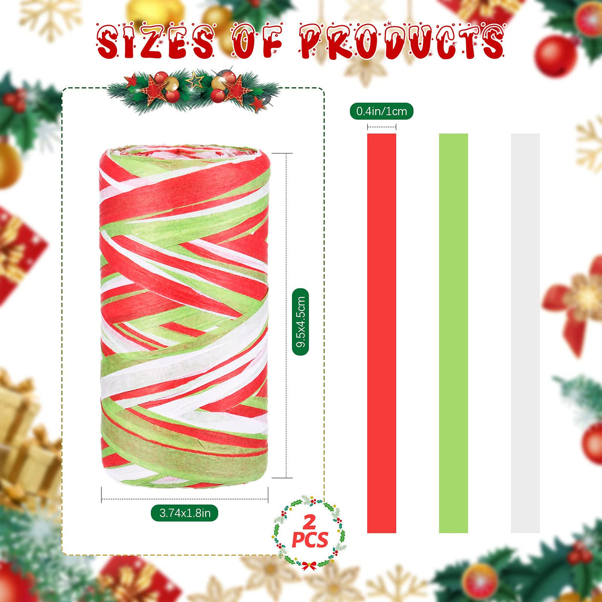 Shappy 2 Rolls Christmas Raffia Ribbon 524 Feet Matte Paper Craft Ribbon Packing Paper Twine Raffia Yarn for Xmas Gifts Wrapping Party Festival Holiday Decor(Light Green, Red, White)