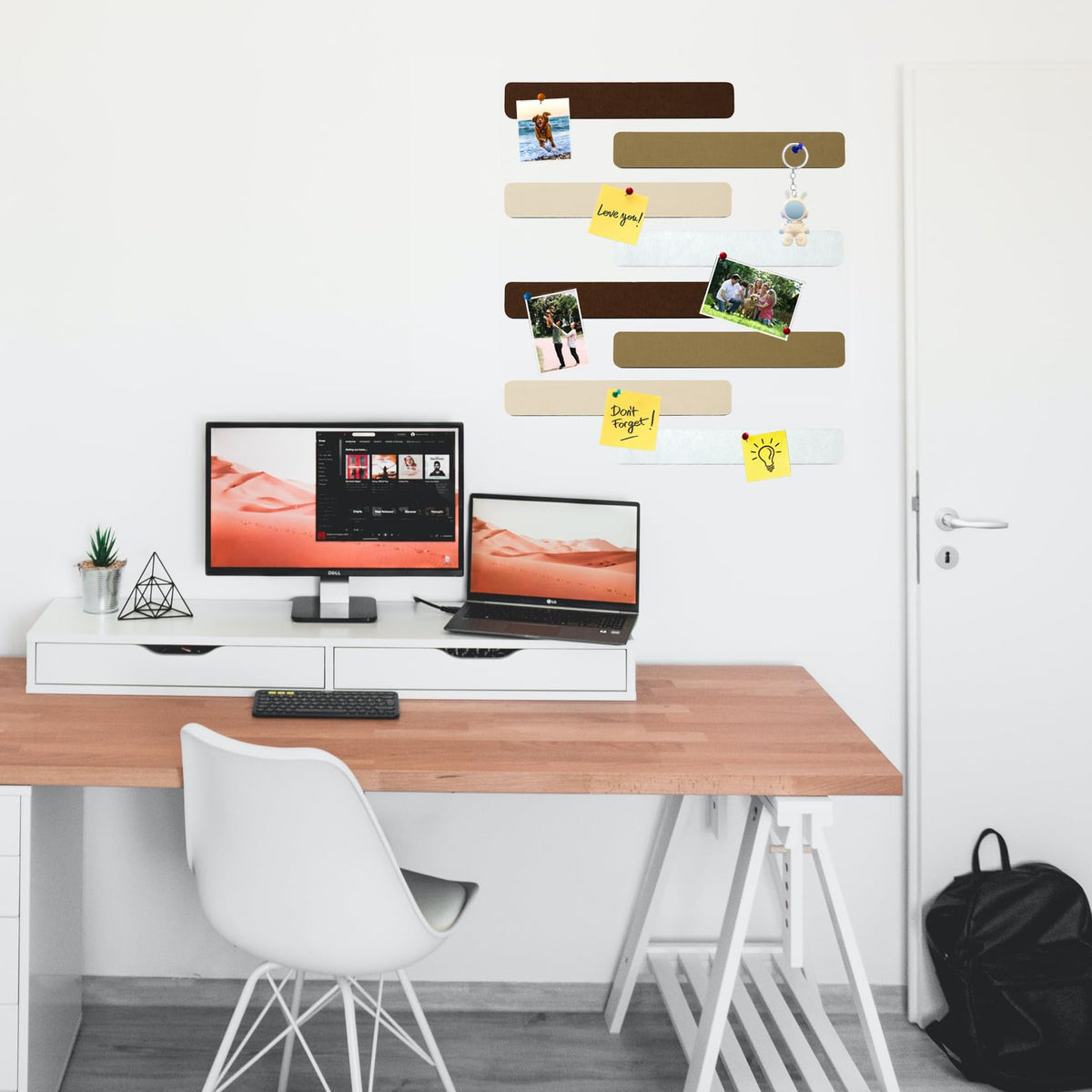 HULAVO 8Pcs Rectangle Felt Cork Board Bar Strips with 35 Pushpins, Self-Adhesive Bulletin Board Strips for Office School Home Wall Decor Stickers Memos Schedules Photos Display -Gradual Brown