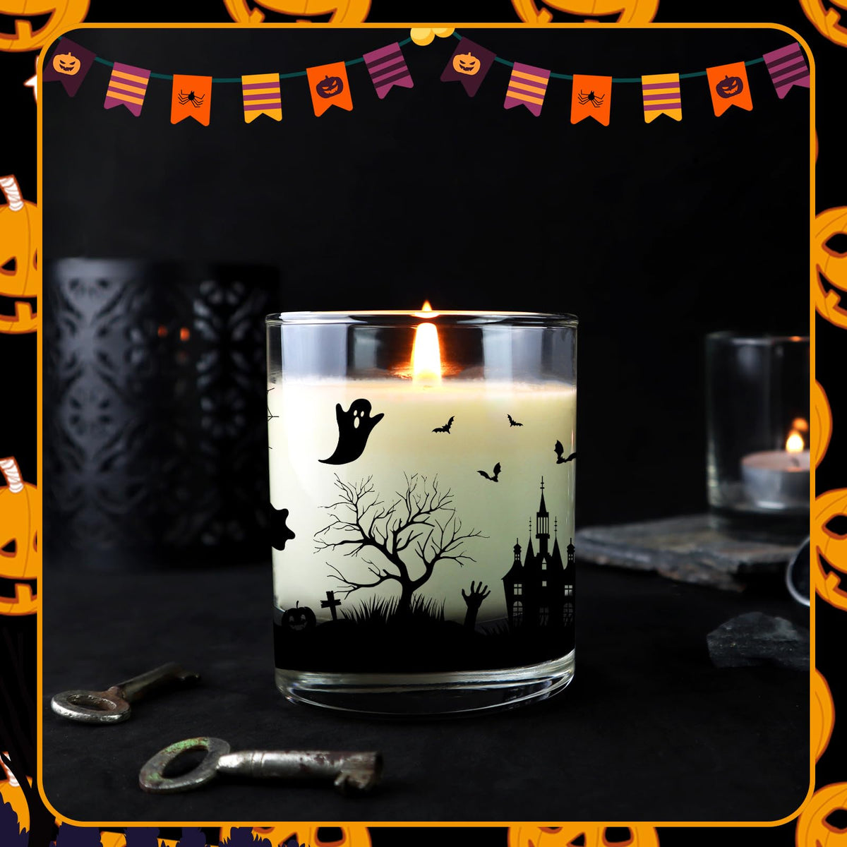 Ziliny 10 Pcs Halloween Village Glass Candle Jars Empty Containers Bulk 7 oz Halloween Glass Jars with Cork Lids Tins for Holiday Candle Making Storing Biscuits Tea Party Favors