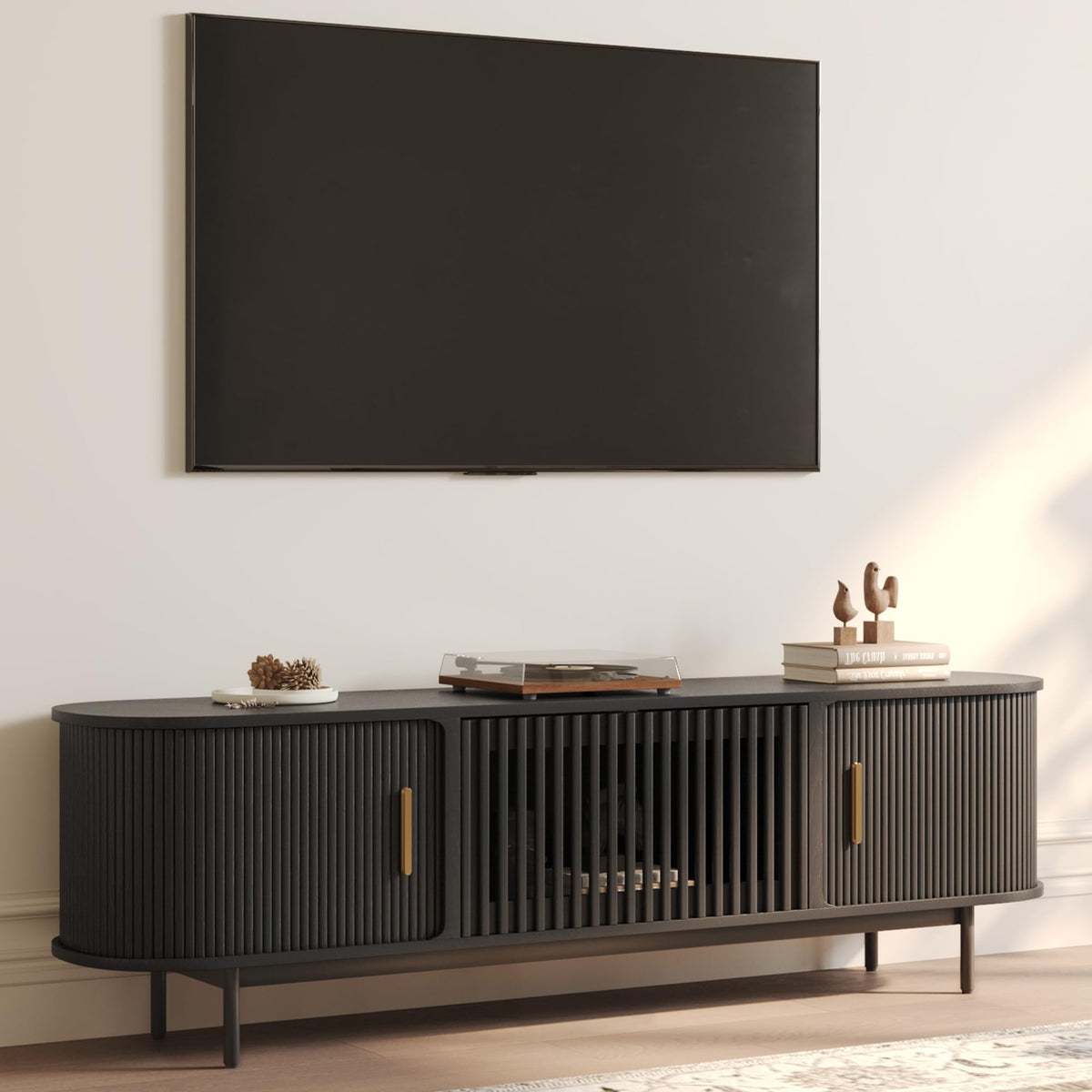 POVISON Fully-Assembled Mid Century Modern TV Stand for 65 inch TV, Sliding Door Entertainment Center with Storage, Wood TV Console, Media Console for Living Room Bedroom(Black, 70.87")