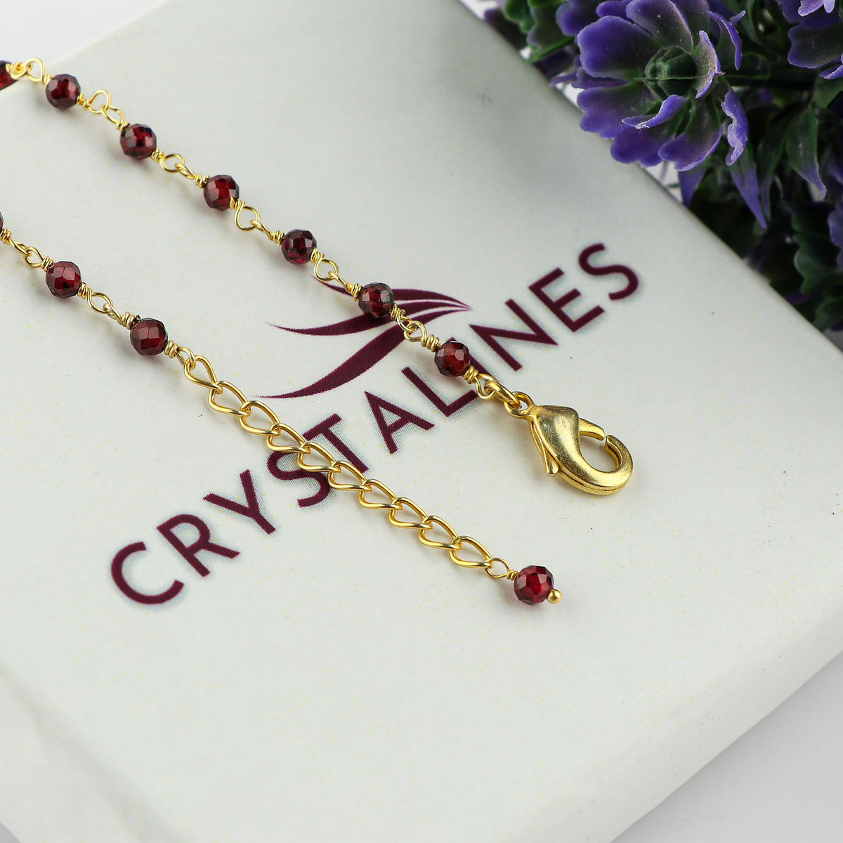 CRYSTALINES Natural Garnet Gemstones Bracelet Handmade Hypoallergenic Gold Plated Jewelry for Women Healing Crystals Microfaceted Beads Rosary Chain Boho January Birthstone Bracelet, 7+1inch