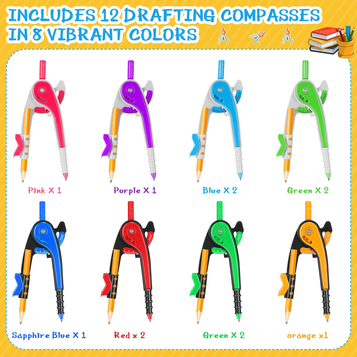 Zonon Student Math Geometry Compass Bulk 6 Inch Plastic Drawing Compass with Pencils Bright Color Precision Tool Back to School Supplies(12 Pcs)