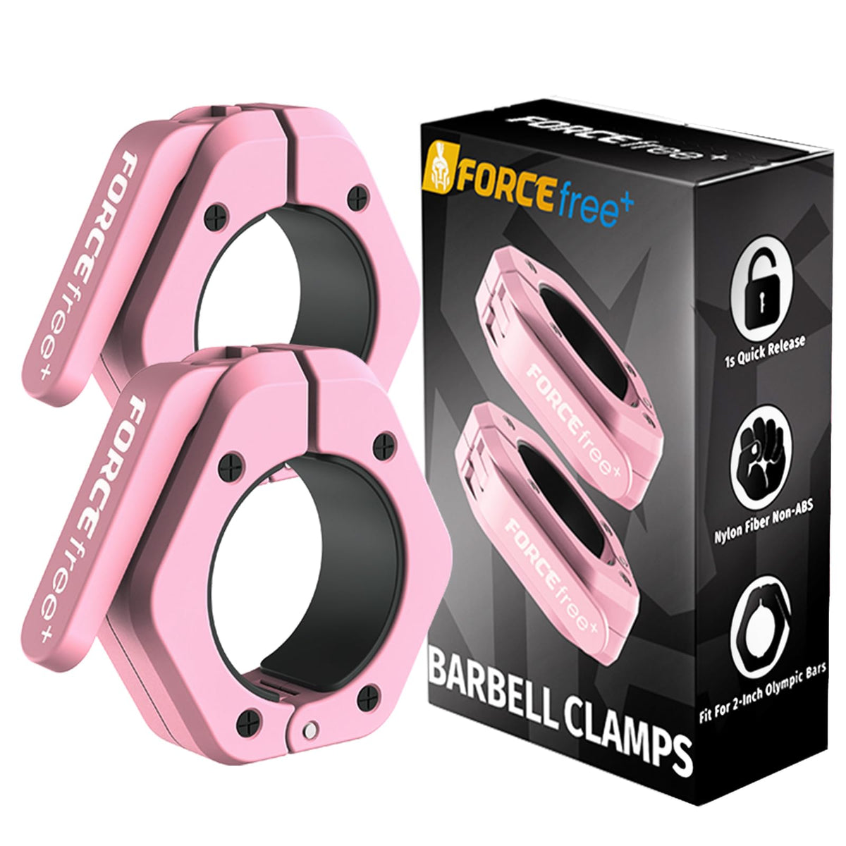 Forcefree+ Barbell Clips (Pair), Barbell Clamps, Quick Release Olympic Barbell Clamps with Anti Slip TPR Grip, Barbell Collars for Secure Weightlifting & Powerlifting (Non Magnetic, Pink)