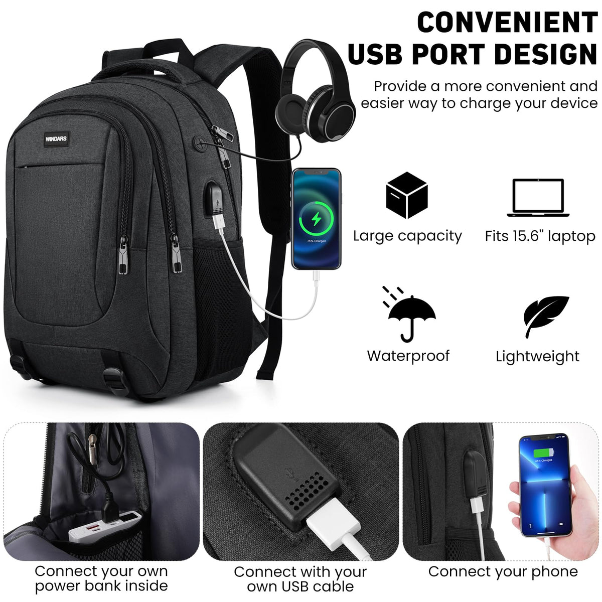 WINDARS Backpack for Men and Women, School Backpacks for Teens Boys, 15.6 Inch Large College Bookbag Durable Computer Laptop Bag with USB Charger Port for Business Work Travel, Black