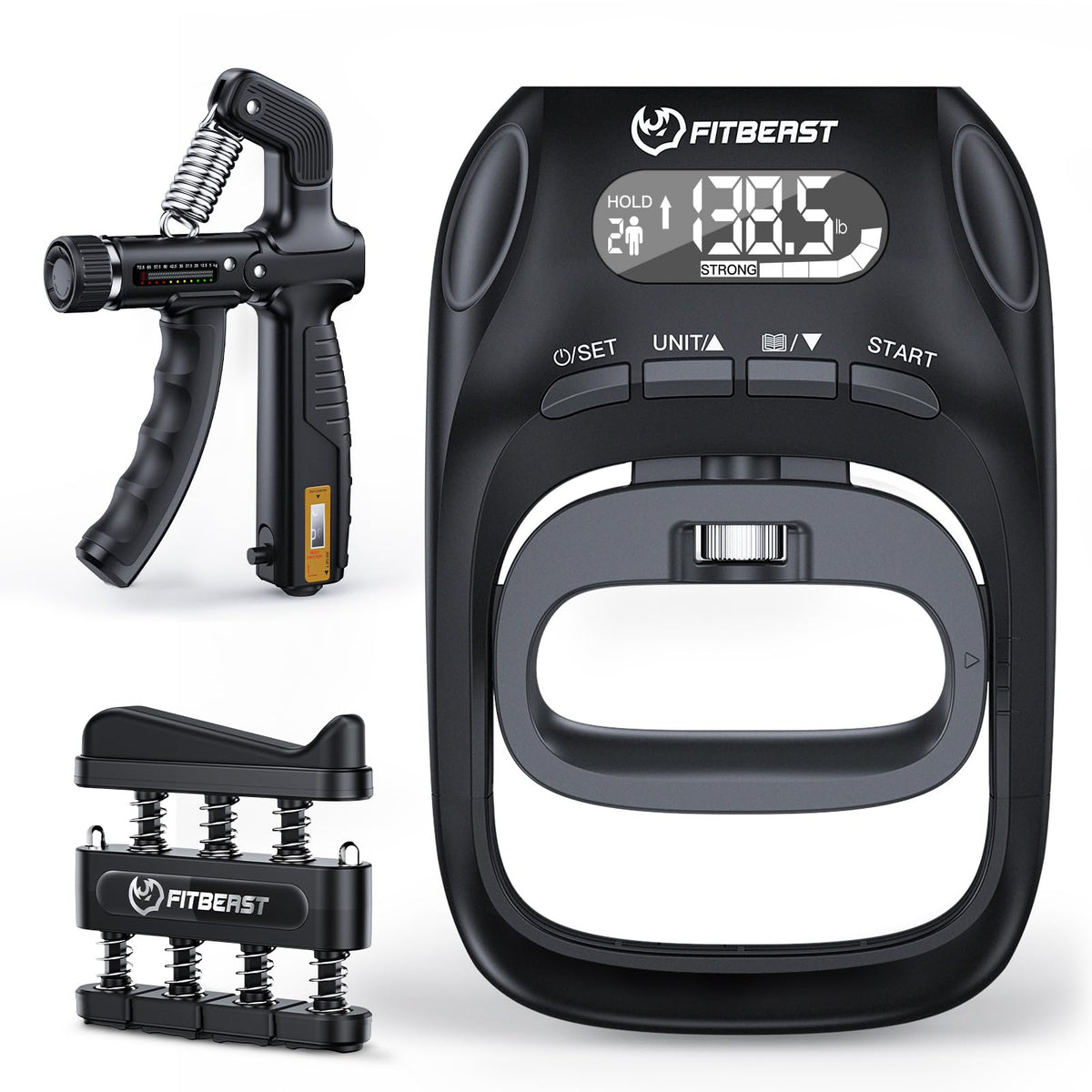 FitBeast Grip Strength Trainer Kit, Digital Grip Strength Tester with Adjustable Hand Gripper Strengthener & Finger Exerciser, Track Progress for Fitness, Rehab & Strength Building (Advanced 3-in-1 Kit)