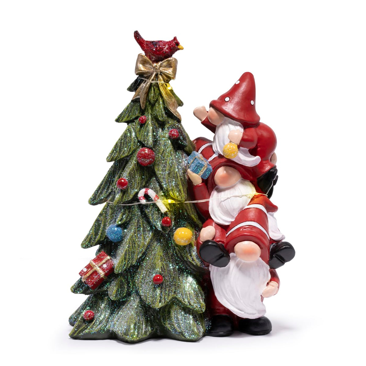 Hodao Christmas Tree Figurine Decorations — Lighted Hand-Painted Resin Gnomes Climbing with Cardinal, Tabletop Decor for Family or Friends | Mantel, Shelf, Living Room Display
