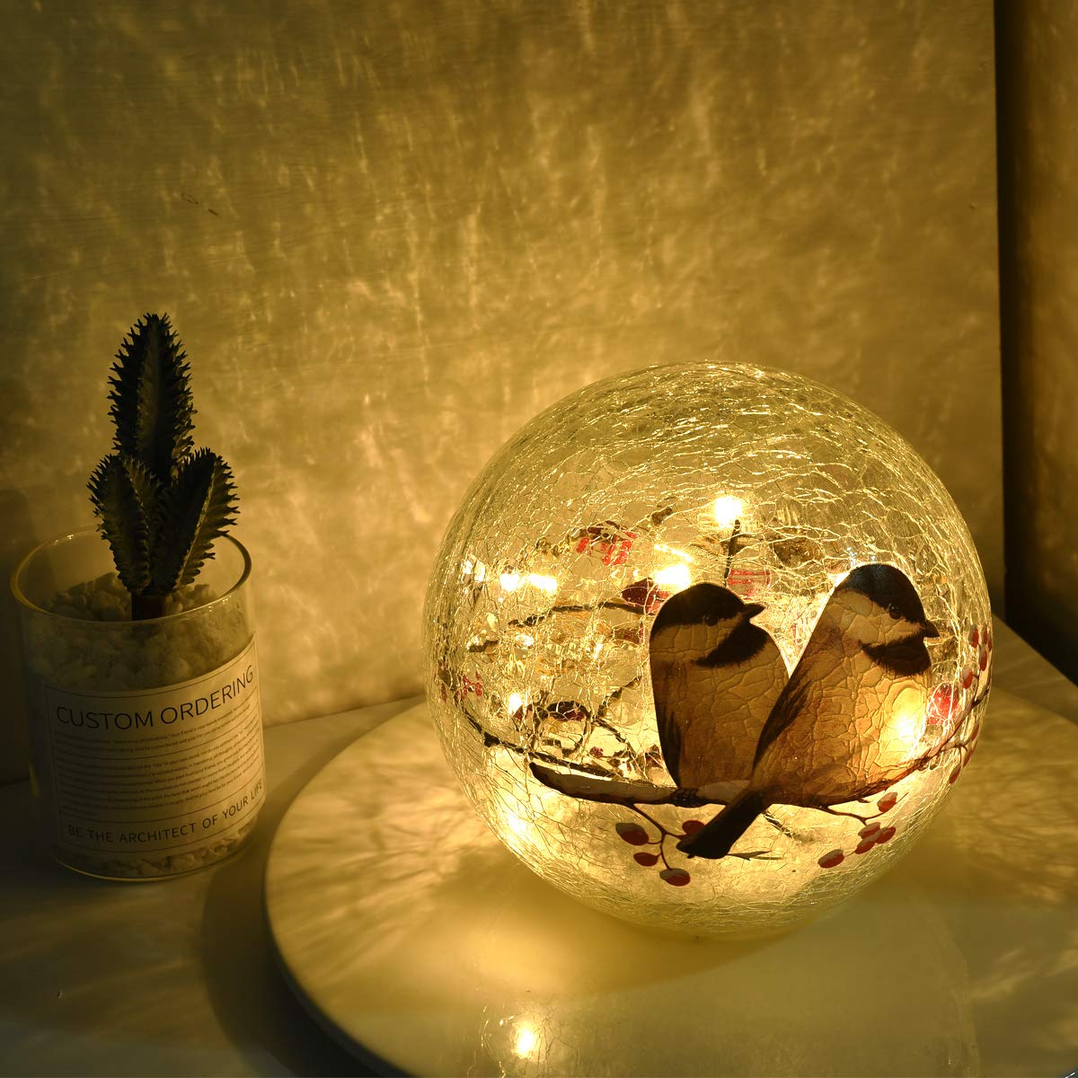 Glass Ball Light Birds Pattern Crackle Warm White Night Lamp for Bedroom Living-Room Dresser Nursery Kitchen Garden Modern Decoration Craft