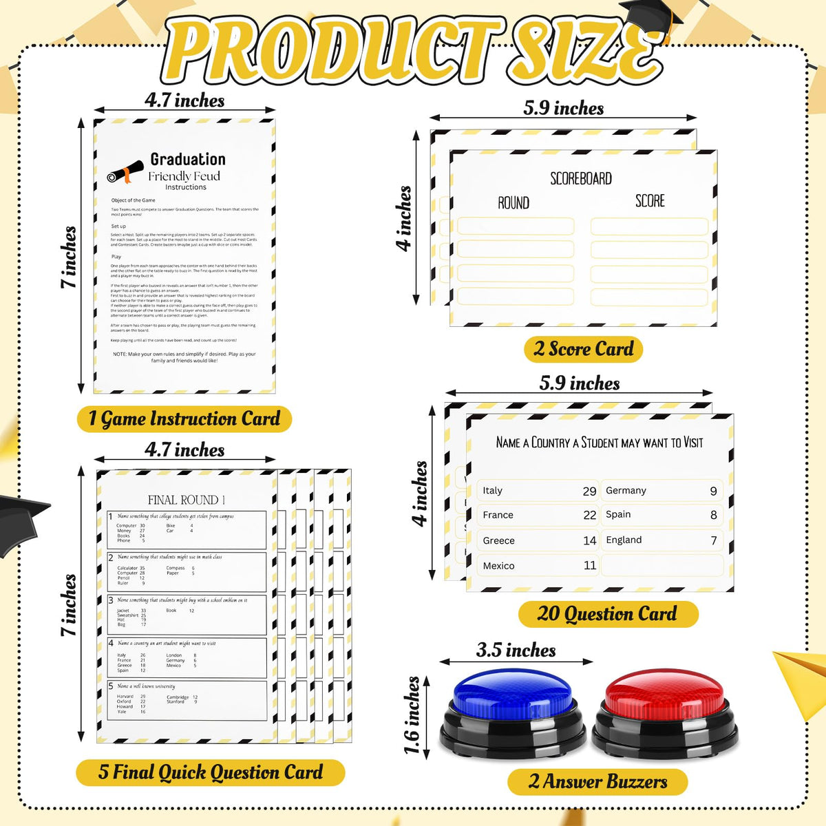 Humyoun Graduation Friendly Feud Game with 2 Answer Buzzers, Grad Feud Cards for Family Game Night Fun Trivia Quiz for Class Party Groups Clubs Team Building