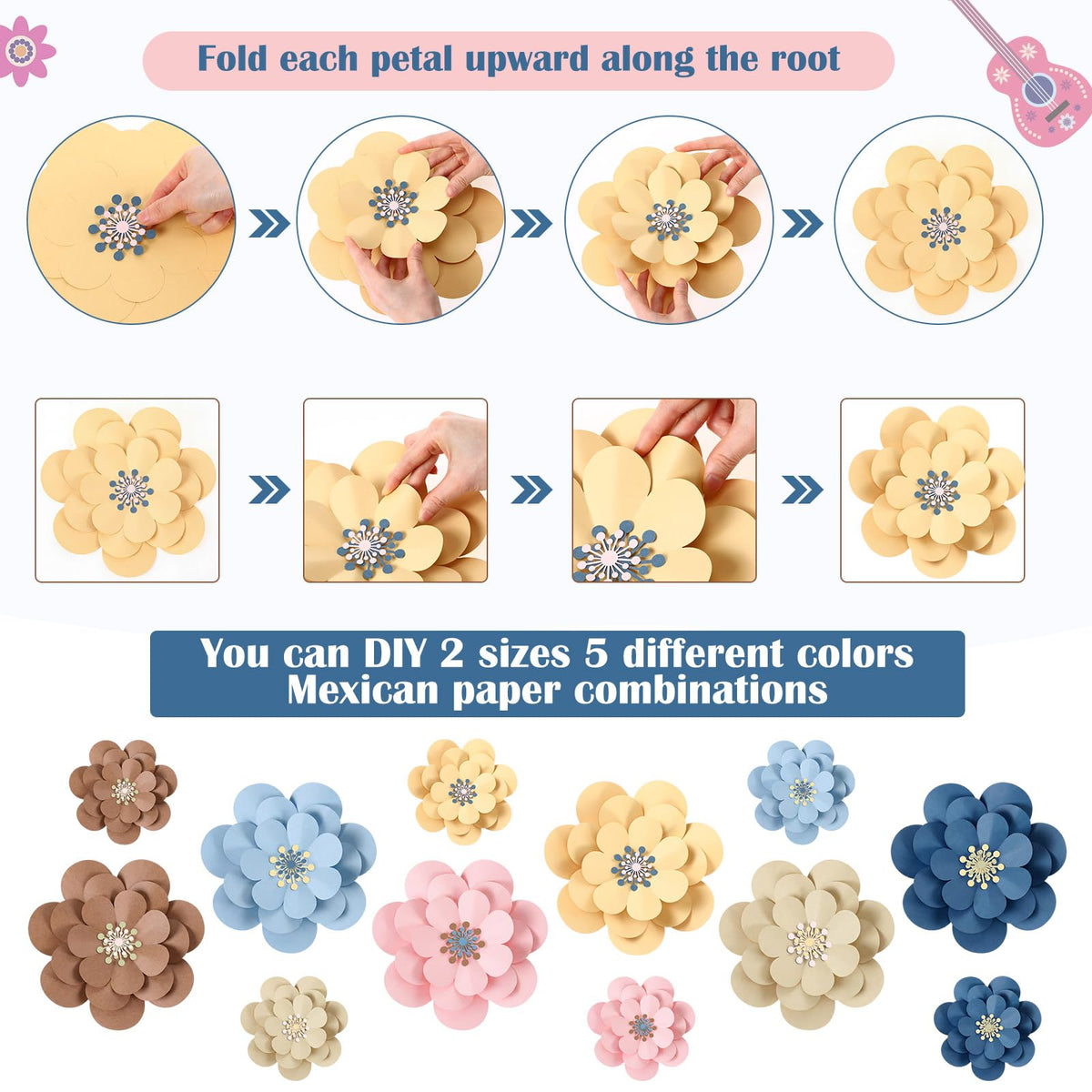 Mooliwe Paper Flowers Decorations for Wall DIY 3D Paper Bulletin Board Mexican Flowers Backdrop Decoration for Classroom Back to School Holiday Party(Fresh,12 Set)