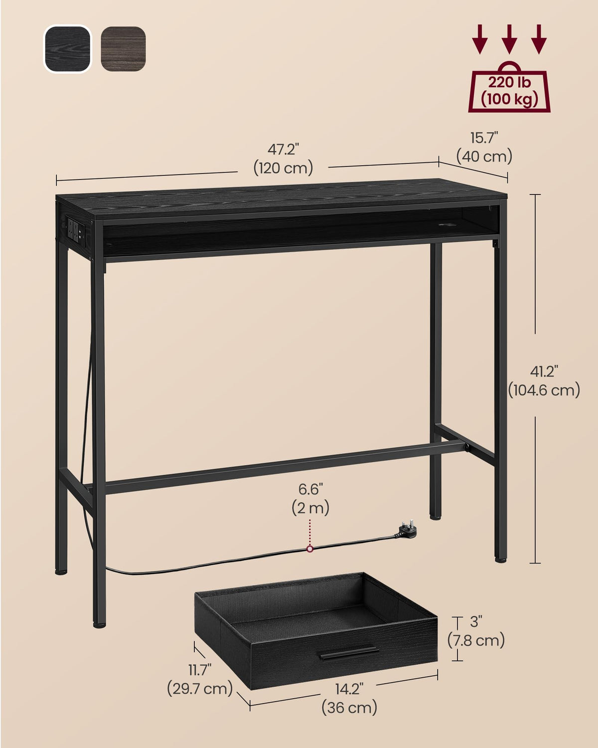 VASAGLE Bar Table with Power Outlets, 47.2 Inches Long Bar Height Pub Table, Rectangular High Top, with Movable Drawer, 2 Hooks, Narrow Storage for Kitchen, Dining, Entryway, Ebony Black