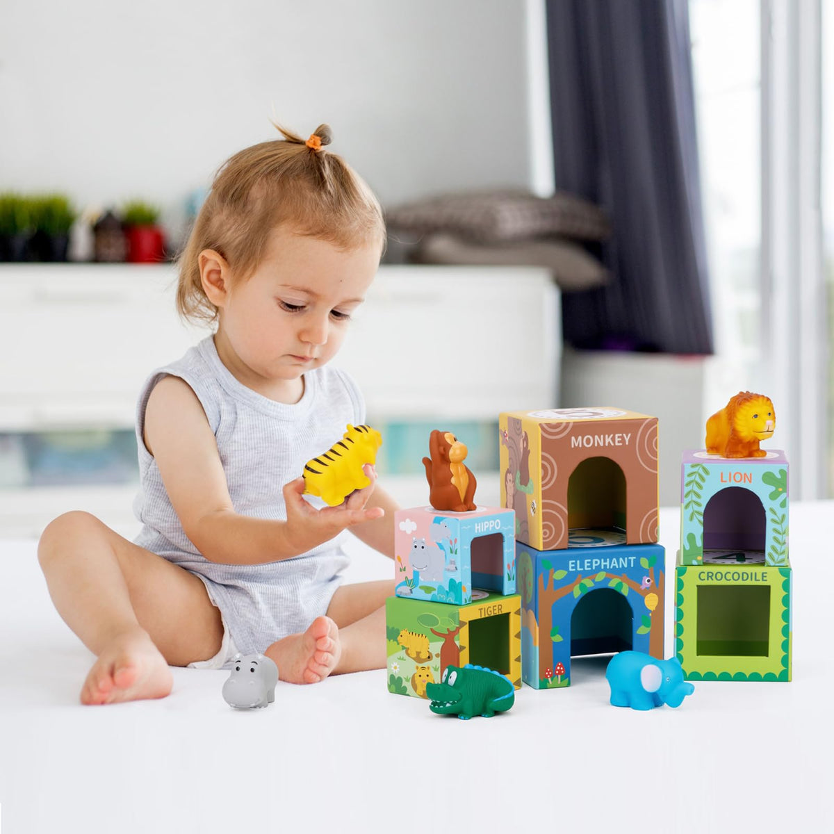 Sorting and Stacking Toys Blocks for Toddlers 1-3, Soft Safari Animal Bath Toys Age 2-4, Numbers Nesting Stackable Toys for Baby 12-18 Months, Montessori Toys Gifts for 1 2 3 Year Old Boys Girls