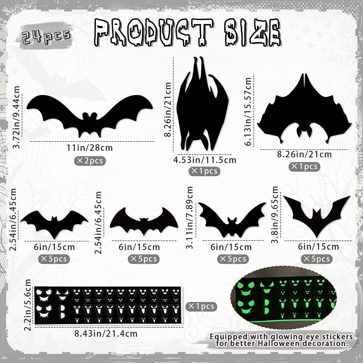 24pcs Halloween Decorations Outdoor Magnetic Bats for Garage Door Decorations with Glowing Eye Stickers Fridge Car Decor