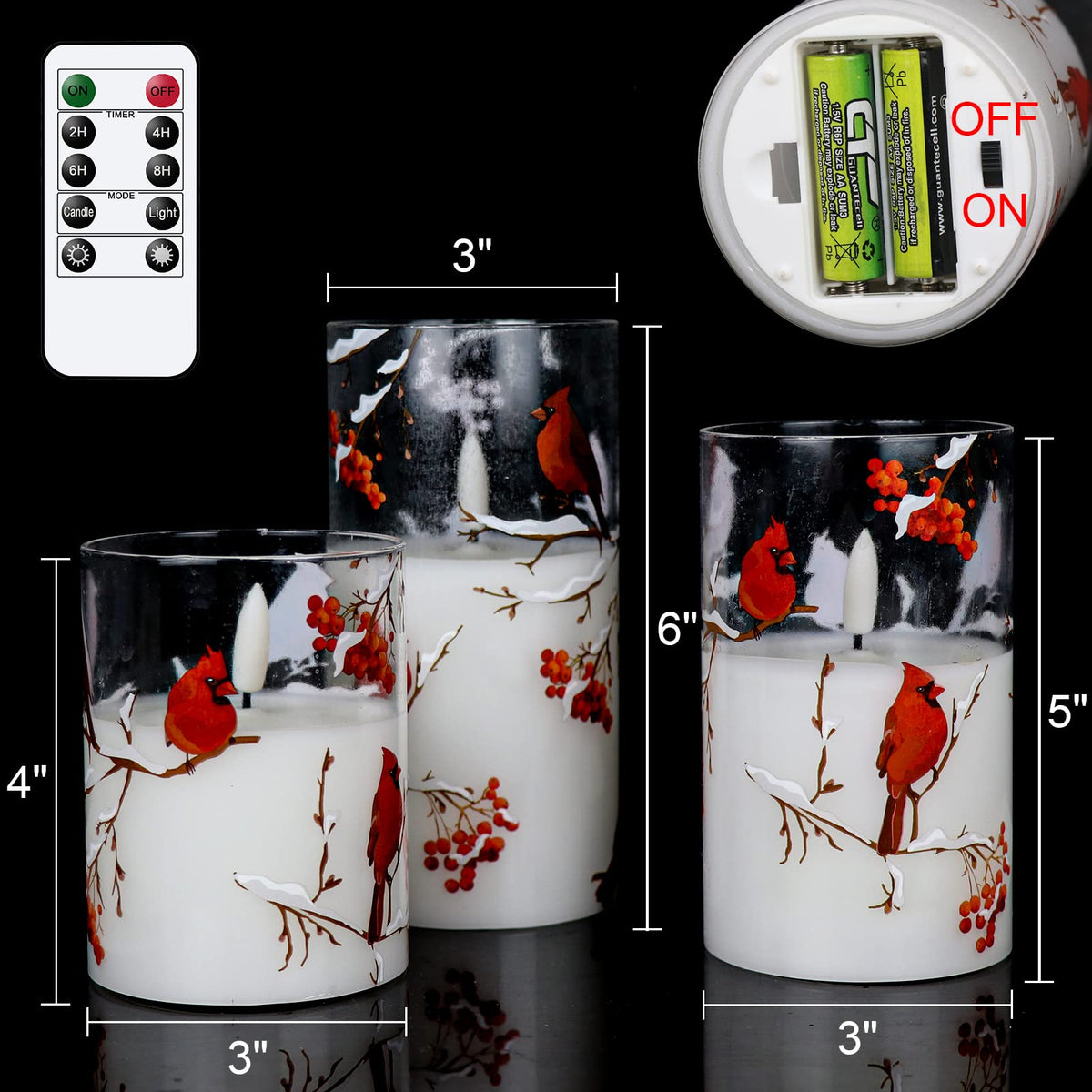 GenSwin Red Bird Glass Flameless Candles with Remote Timers, Battery Operated 3D Wick Led Flickering Light, Real Wax Pillar Candles for Christmas Home Decoration(Pack of 3, 3”x4”5”6”)