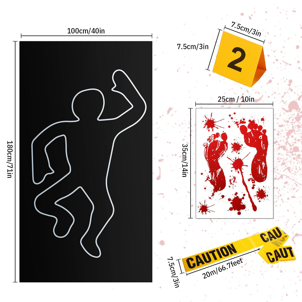 8 Pieces Crime Scene Decorations Including Body Silhouette Caution Barricade Tape Evidence Markers and Bloody Footprint Sticker Evidence Party Decorations for Halloween Home Wall