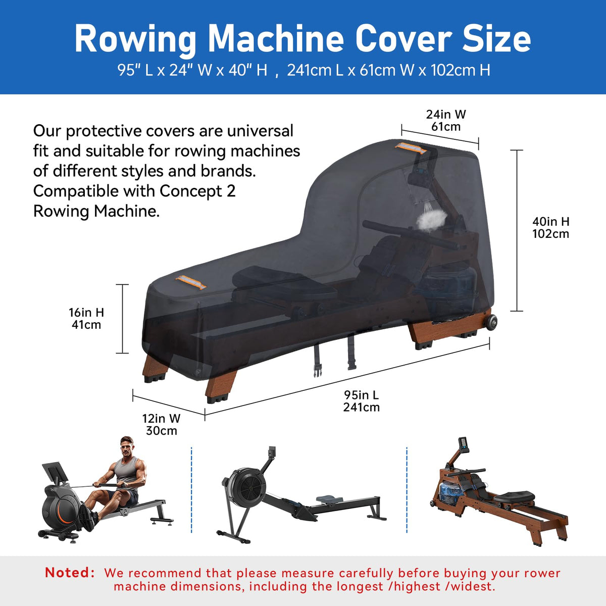 Rowing Machine Cover,420D Heavy Duty Rower Outdoor Covers,Outdoor Protective Cover for Concept 2 Fitness Equipment,with Waterproof Strip,Windproof Buckle,2 Handles,Accessories Fit for Concept 2 Rower