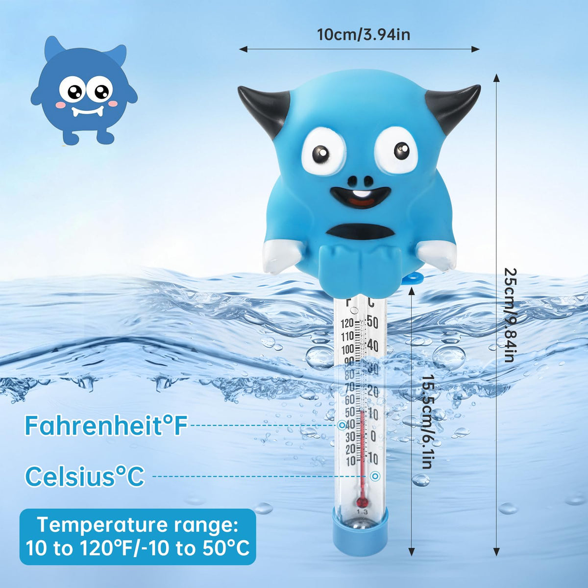 Pool Thermometer Floating, Water Temperature Thermometer with String, Large Size Easy Read & Shatter Resistant Pool Accessories for Ice Bath & Hot Tub, Outdoor & Indoor Swimming Pool, Spas(Monster)