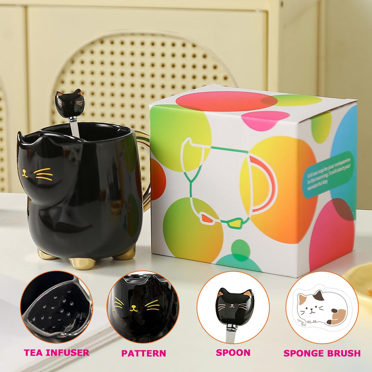 Christmas mugs Ceramic Cat Mug with Tea bag– 17oz Unique Coffee Cup with kitty Expression Design, Fun Gift for Women, Girls, Kids, Cat Lovers (BLACK)