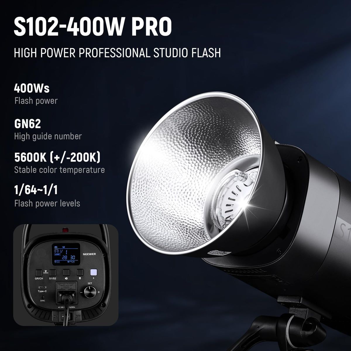 NEEWER Photo Studio Backdrop Support System + S102-400W PRO Flash Lighting Kit (2 Pack) with Light Stands, Bowens Mount Softboxes, 5 in 1 Reflector, Bag, Background Stand with Max Load 8.8lb/4kg