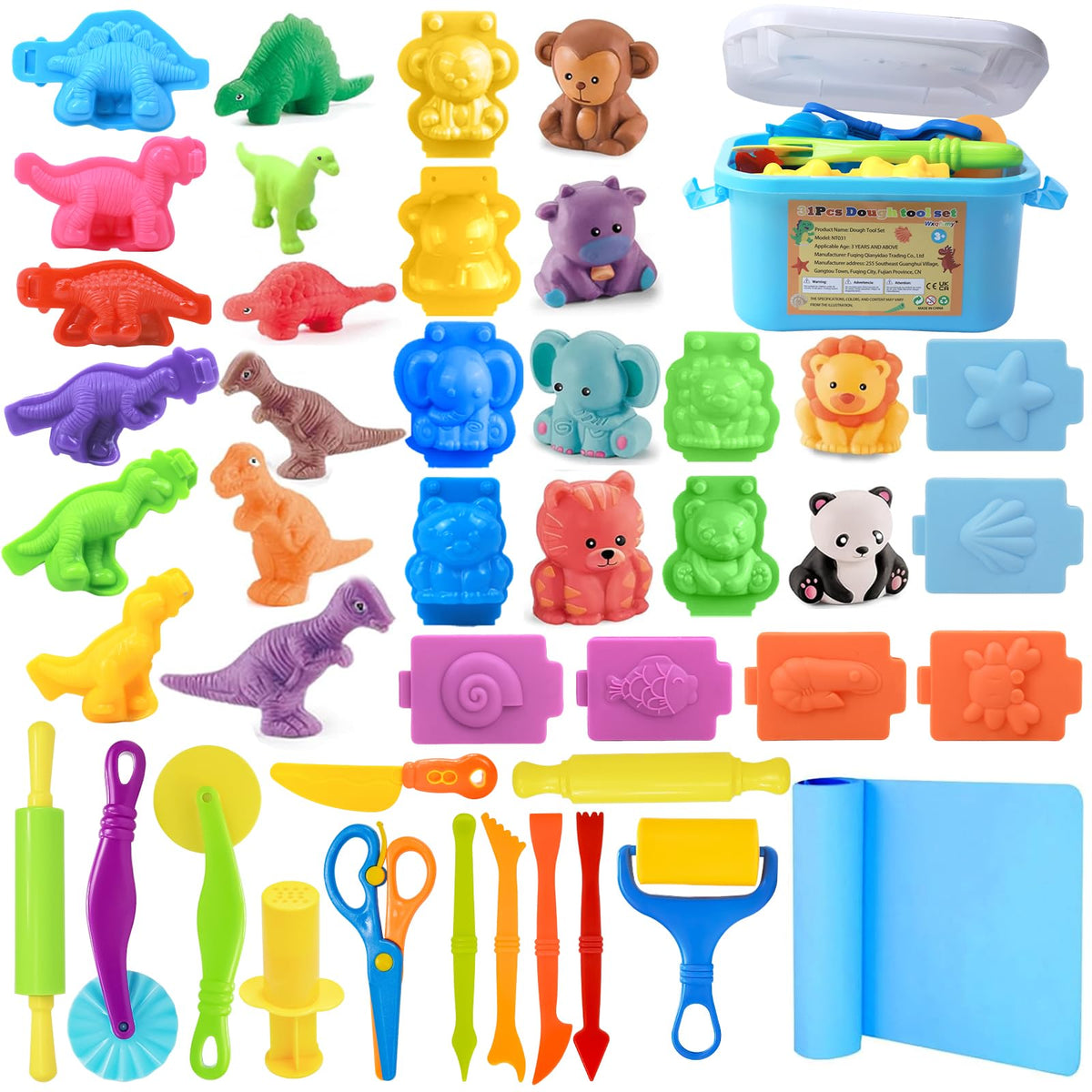 Dough Tool Set, 31 Pcs Basic Dough Tools Kits for Kids, Dough Accessories Includes Storage Container, Mat, 3D Animal, Cutters Roller, Rolling Pins, Safety Scissors