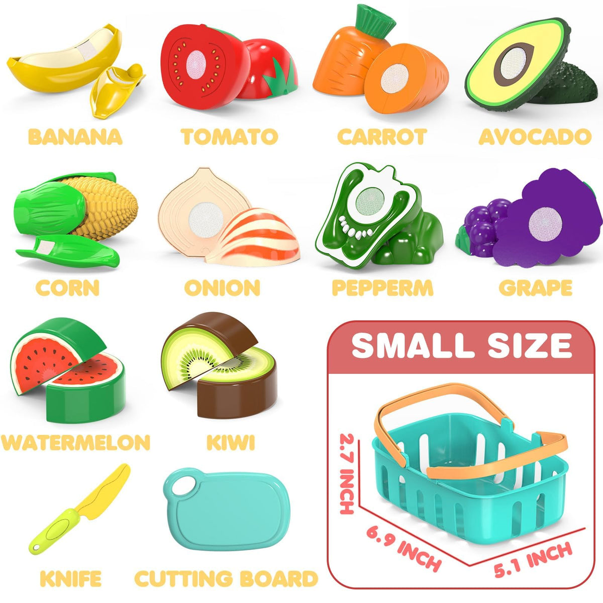 Cutting Play Food Toys For Kids, Pretend Play Kitchen Accessories, Fake Fruits/Vegetables Set With Shopping Storage Basket, Plastic Board And Knife, Birthday Gifts/Educational Toy For Toddler Children