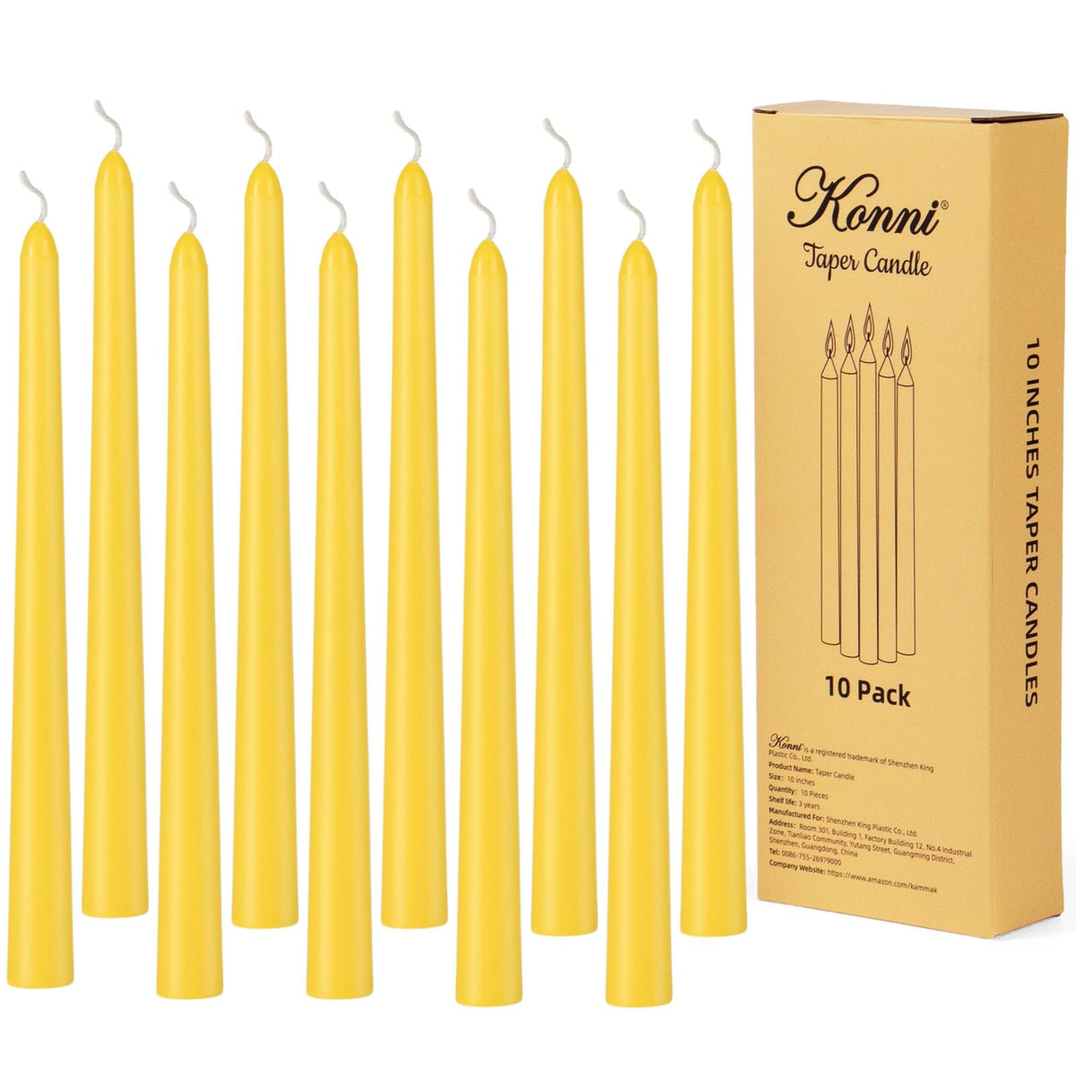 KONNI 0.87×10 Inch Yellow Taper Candles, Unscented and Smokeless Tall Candlesticks, 10 Pack Tapered Candles with Cotton Wicks, Long Burning, Ideal for Weddings, Dinner Parties, and Home Décor