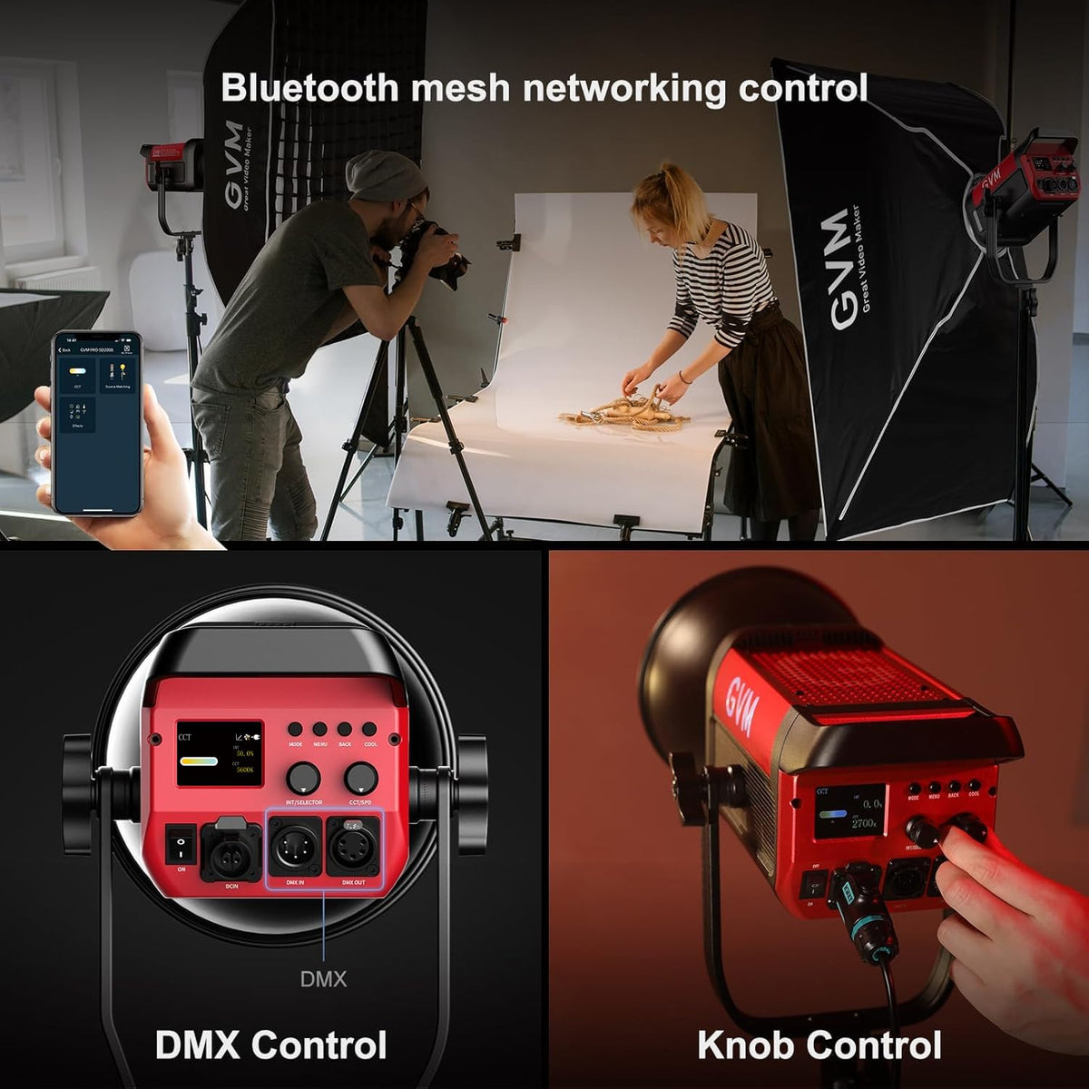 GVM 200W LED Video Light with Lantern Softbox, SD200B Continuous Lighting Kit with Bluetooth Mesh Network/DMX Control, 2700K-6800K Studio Light Photography Lighting Kit, 45400lux/1m, 12 Scene Effects