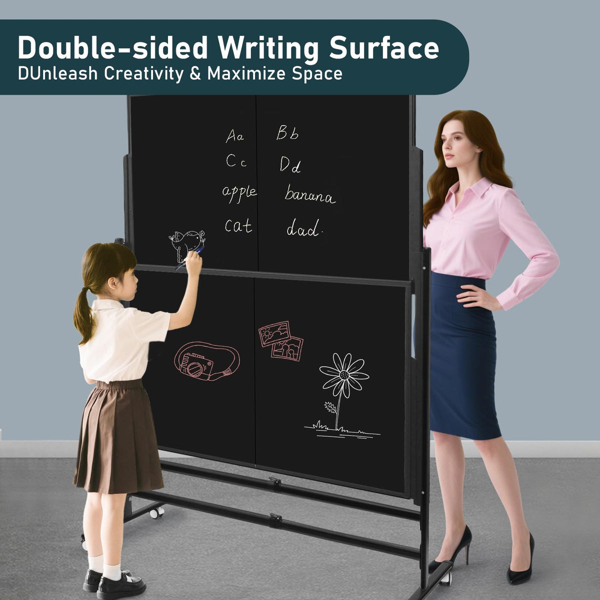 72x60 Inch Large Rolling Chalkboard | Height Adjustable Double-Sided Magnetic Blackboard on Wheels | for Classroom, Home & Office Use