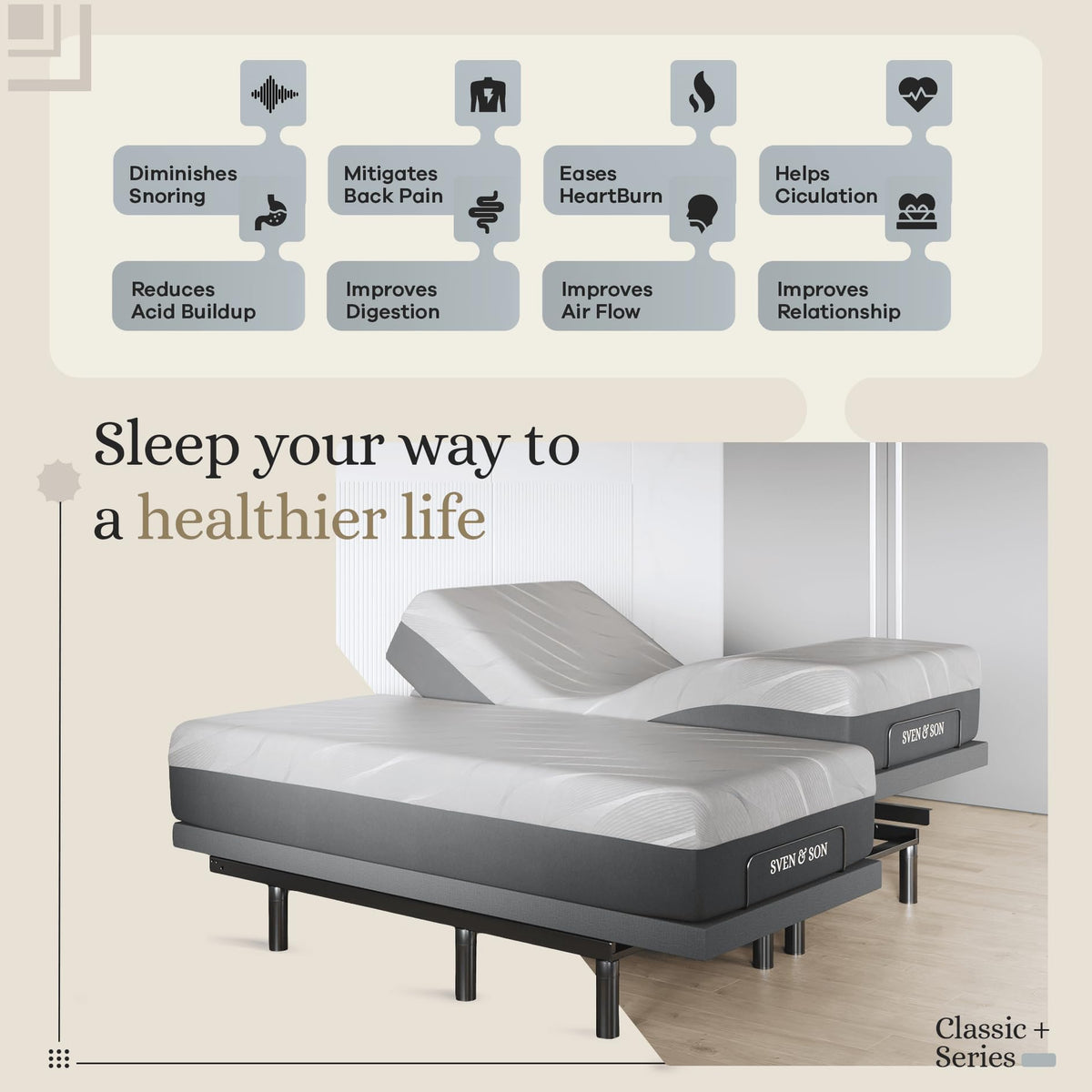 Sven & Son Harmony Adjustable Bed Base, Head and Foot Lift, Massage, Under-Bed Lights, USB, Gel Memory, Zero Gravity Smart Frame - Split King + 12 inch Memory Foam Matt (Medium)