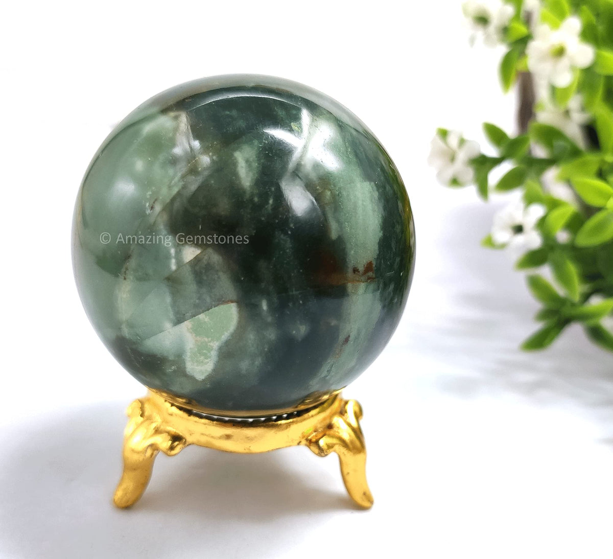 Amazing Gemstone Bloodstone Crystal Sphere Round Ball with Sphere Holder Stand, Natural Healing Stone Sphere for Massage Meditation Crystal Grid Witchcraft Supplies Reiki Yoga