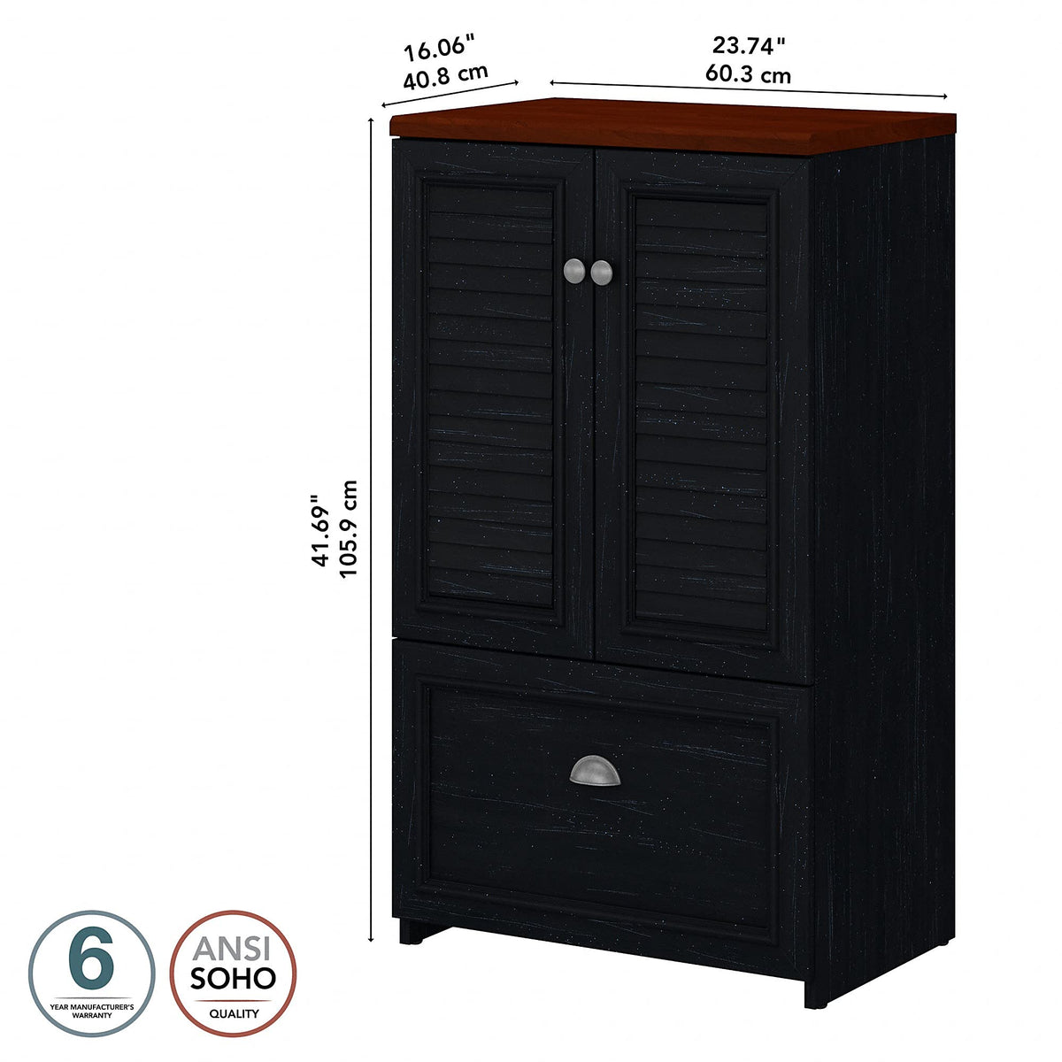 Bush Home Fairview 2 Door Storage Cabinet with File Drawer in Antique Black and Hansen Cherry
