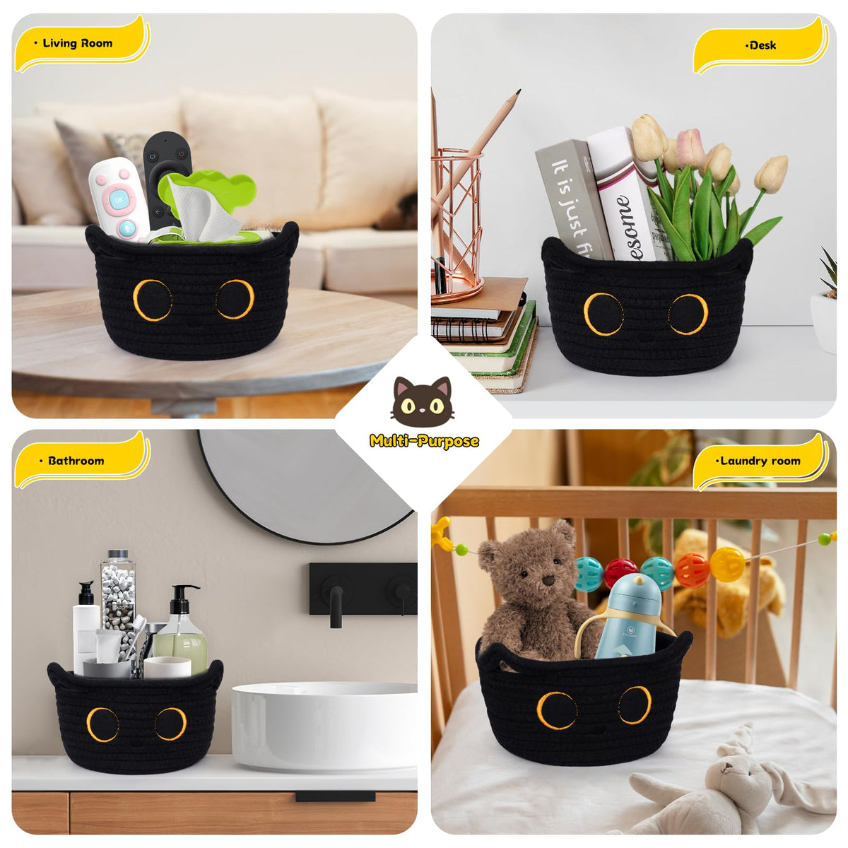 Hkojewp Small Storage Basket, Black Cat Cotton Rope Baskets Woven Blasket for Nursery, Blanket Basket Baby Toy Storage Organizer With Ears for Gifts Cat Dog Bin Toys 8.5×4.5 inches