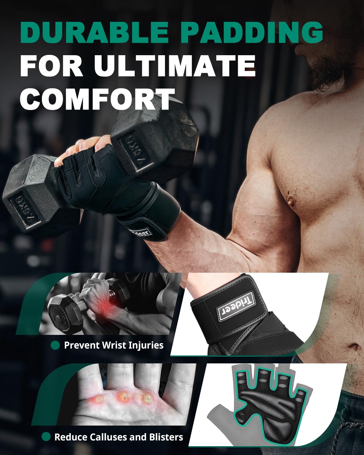 Trideer Workout Gloves for Men, Weight Lifting Gloves with Wrist Wrap Support, Full Palm Protection & Extra Grips for Weightlifting, Exercise, Cross Training, Fitness, Pull-up