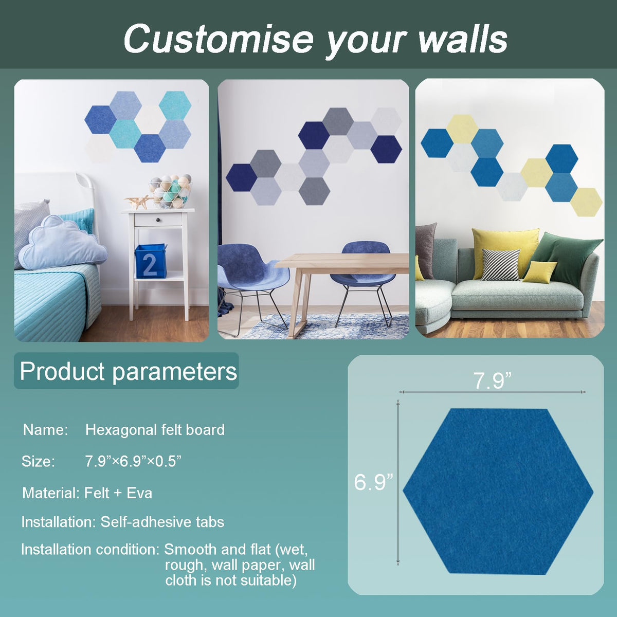 Afumazi Felt Bulletin Board Tiles, 8 Pcs Hexagon Wall Tiles with Removable Adhesive, 7.9×6.9 Inch Cork Pin Board for Classroom, Home, Office (Set A, Middle)