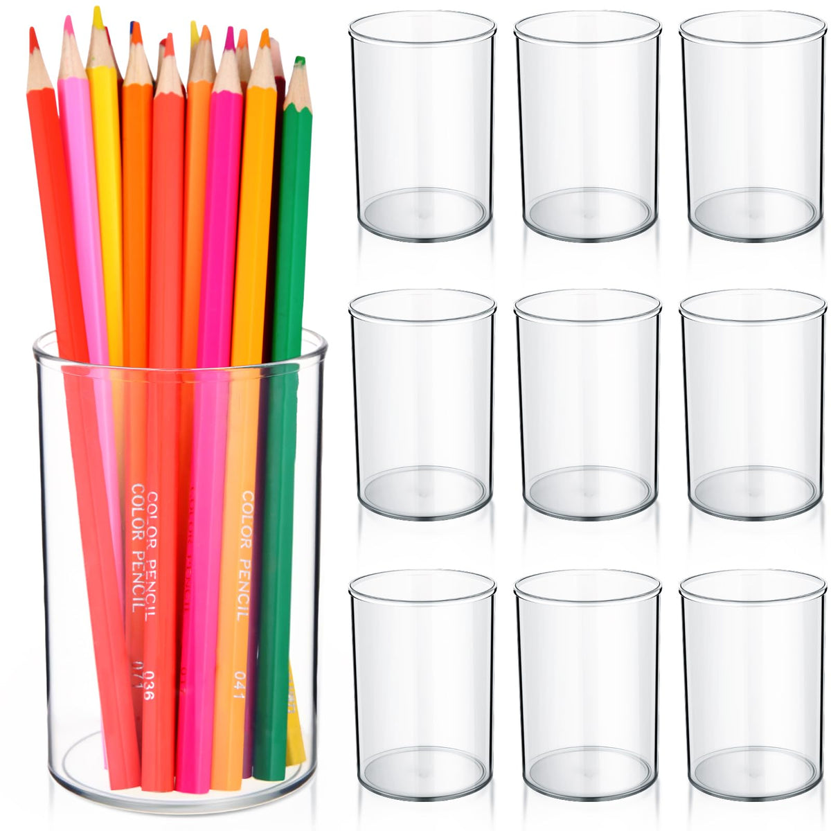 Crtiin 10 Pack Clear Acrylic Pen Holder Makeup Brush Round Pencil Holder for Desk Pen Cups Desk Organizers and Storage Desktop Stationery Organizer for Office School Home Supplies
