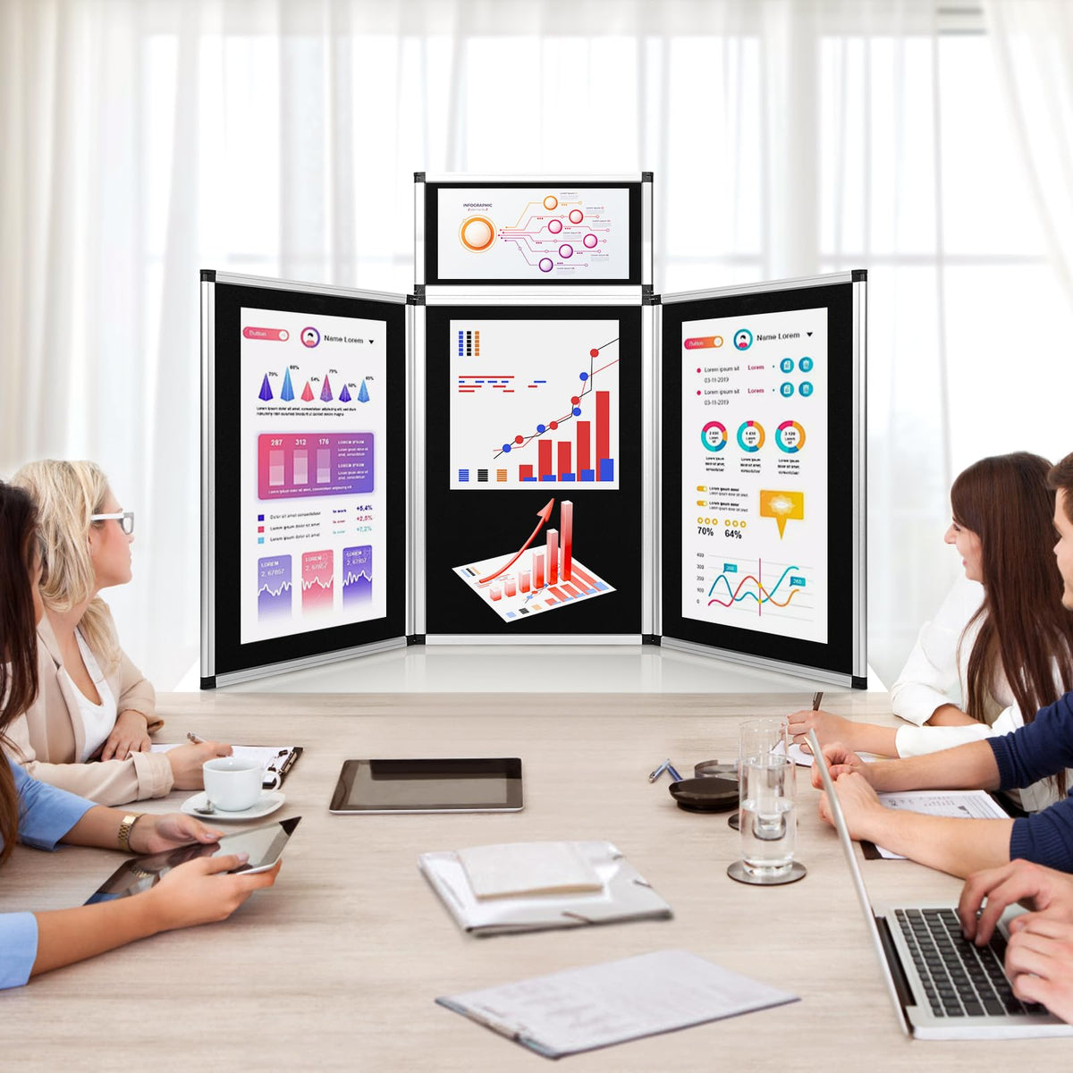Nisorpa 3+1 Panel Folding Trade Show Presentation Board 70.8“ x 35.4” Trifold Desktop Display Board with Carry Bag Large Metal Frame Tabletop Display 4 Panels-Black