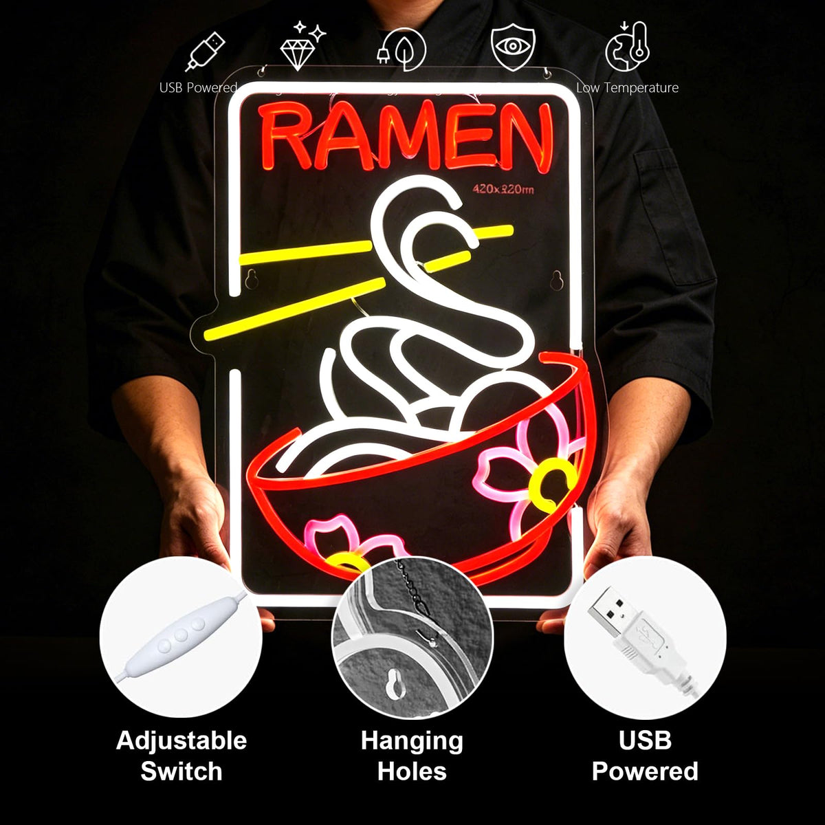 Ramen Neon Sign Sakura Ramen Neon Sign for Wall Decor Japanese Noodle USB Dimmable Neon Light Sign for Kitchen Restaurant Home Pub Party Man Cave Club Shops Hotel Store Business Gift