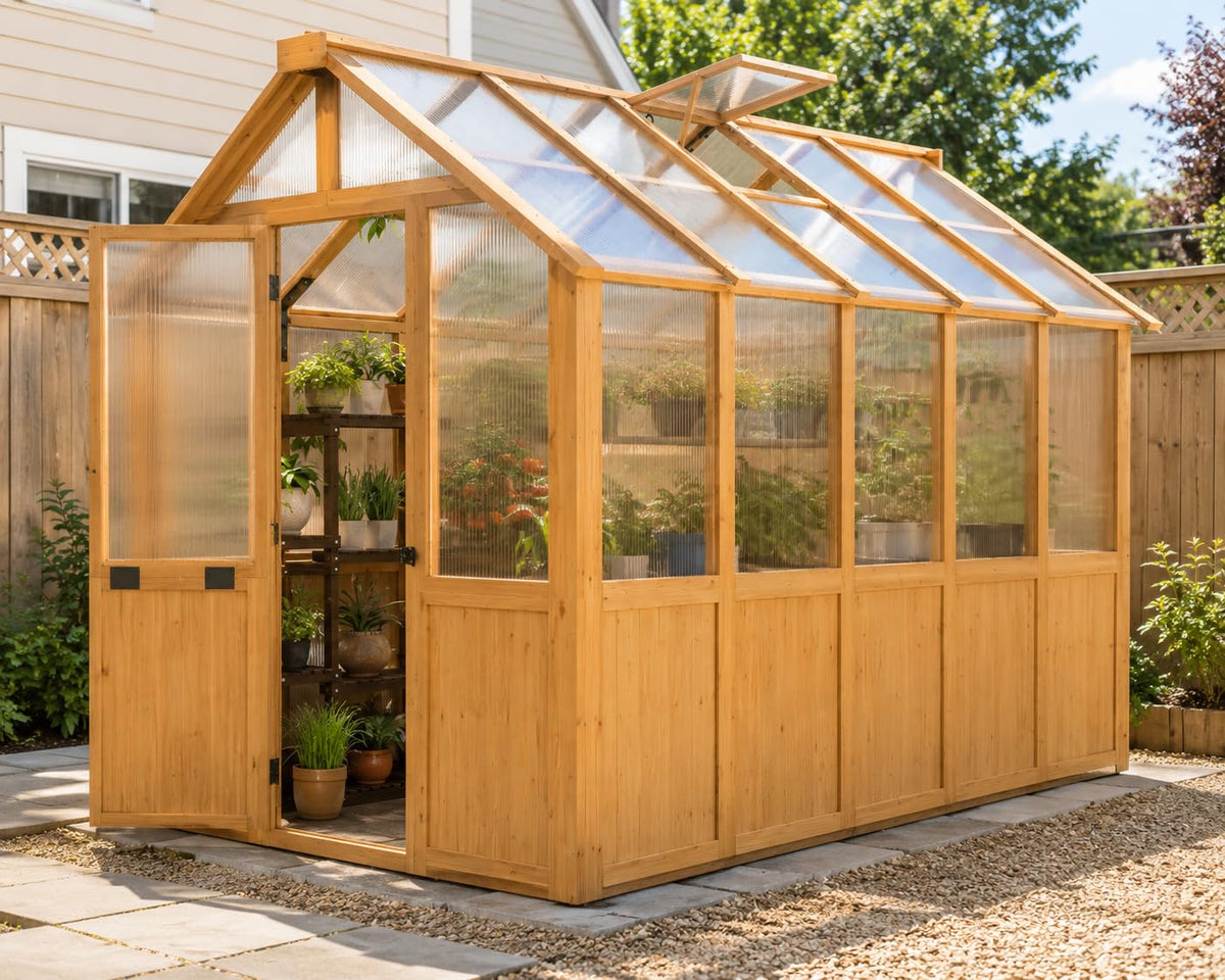 EROMMY 6x10 FT Wooden Greenhouse for Outdoors, Walk-in Greenhouse Kit with 4mm Polycarbonate Panels, Adjustable Roof Vent, Lockable Door, Backyard Greenhouse for Plants and Vegetables