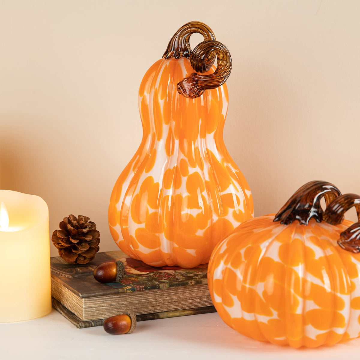Glitzhome Set of 3 Hand Blown Glitter Glass Pumpkin Table Accent Home Decor for Fall & Harvest Thanksgiving Decorating, Orange Dots